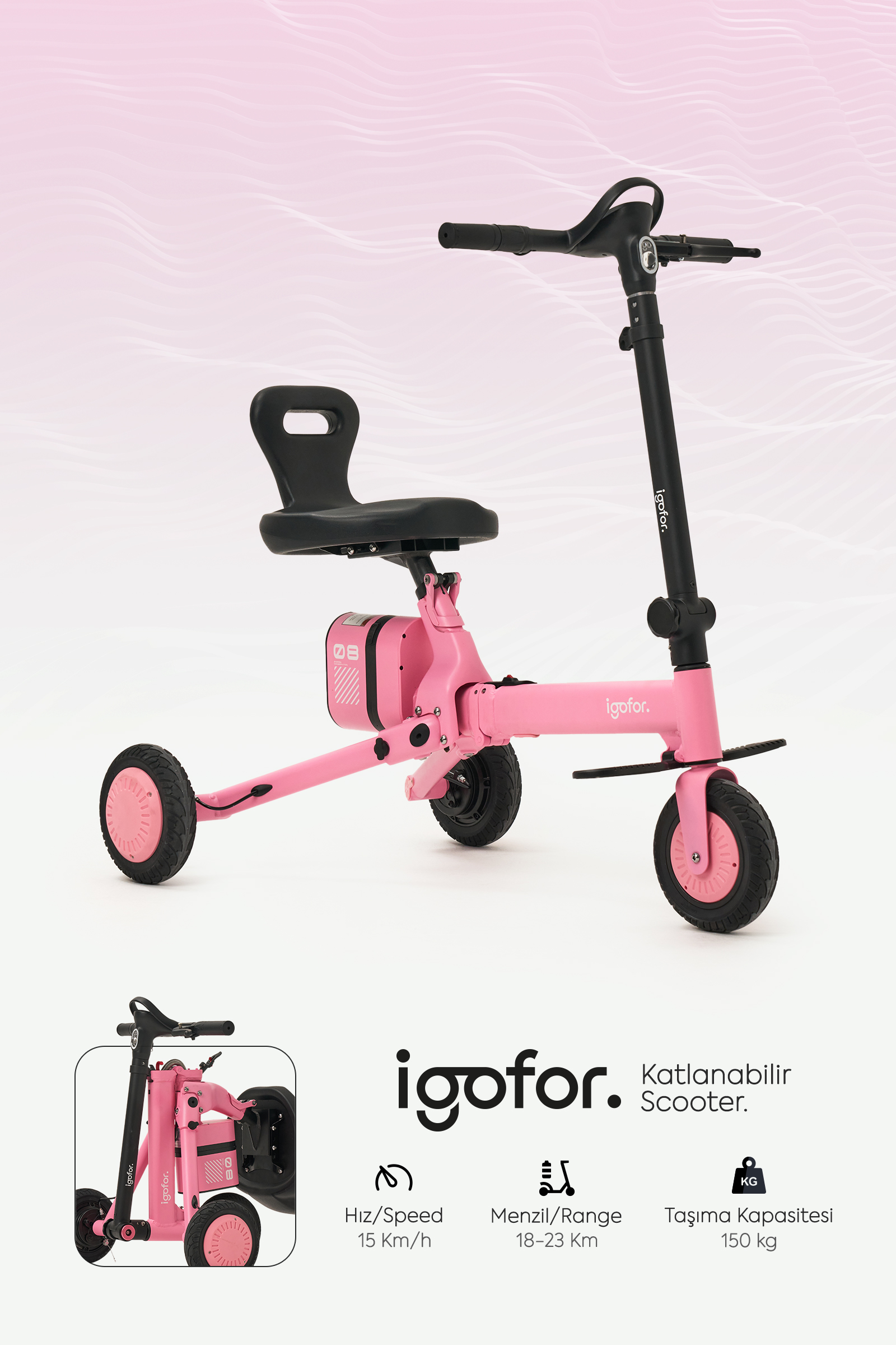 Oturma yeri olan pembe üç tekerlekli scooter, ürün bilgilerini içerir.