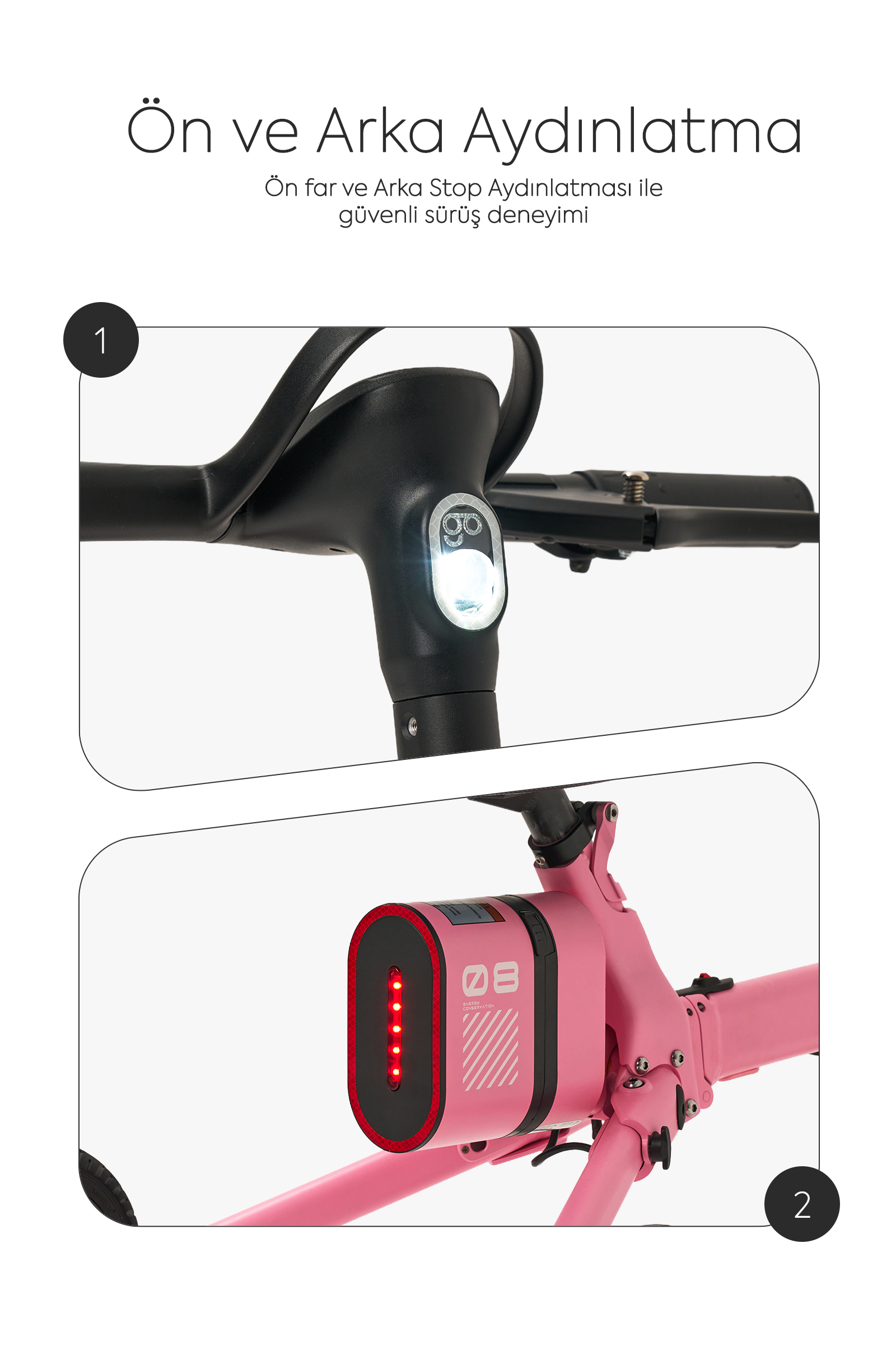 Farlı siyah scooter gidonu ve kırmızı arka lambalı pembe pil paketi.