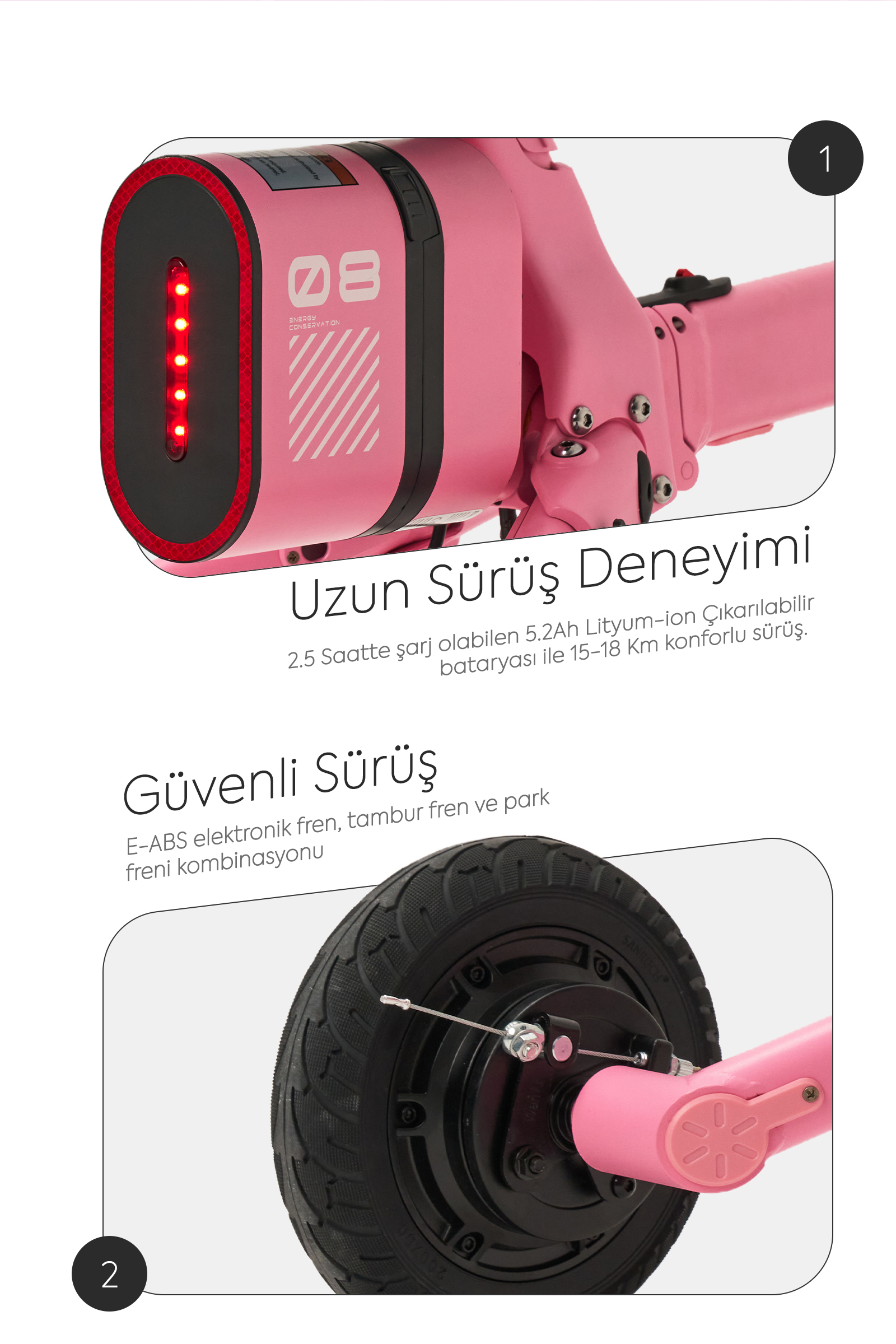 Kırmızı ışıklı ve "08" logolu pembe elektrikli scooter parçası.