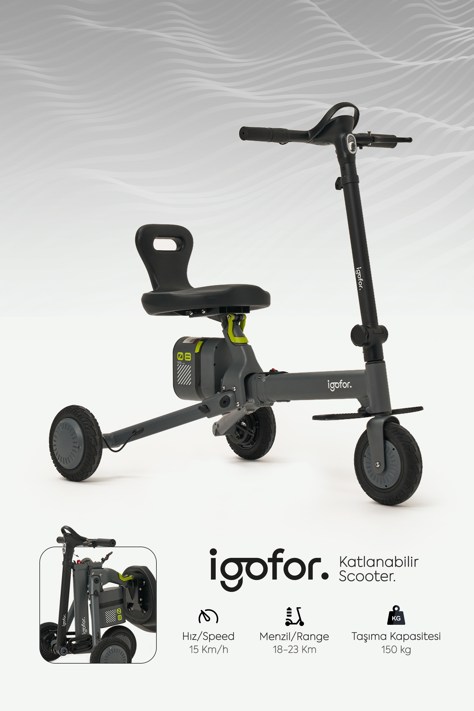 Üç tekerlekli, gri renkli, oturma yerli elektrikli scooter, beyaz zeminde.
