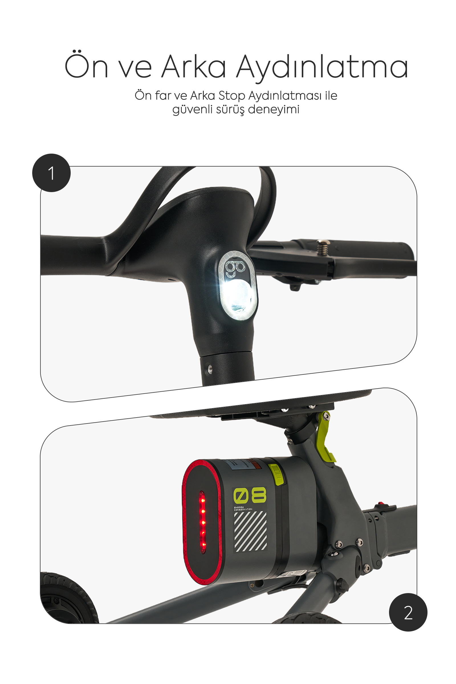 Fenerli scooter gidonunun ve kırmızı arka lambalı bataryanın yakın çekimi.
