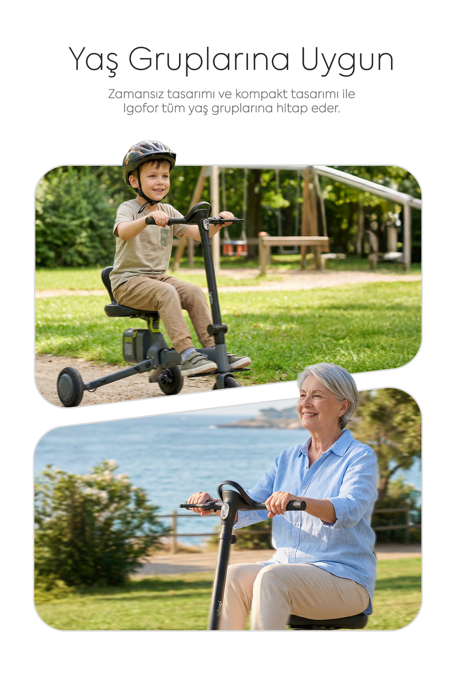 Bir erkek çocuk parkta, bir kadın deniz kenarında scooter sürüyor.