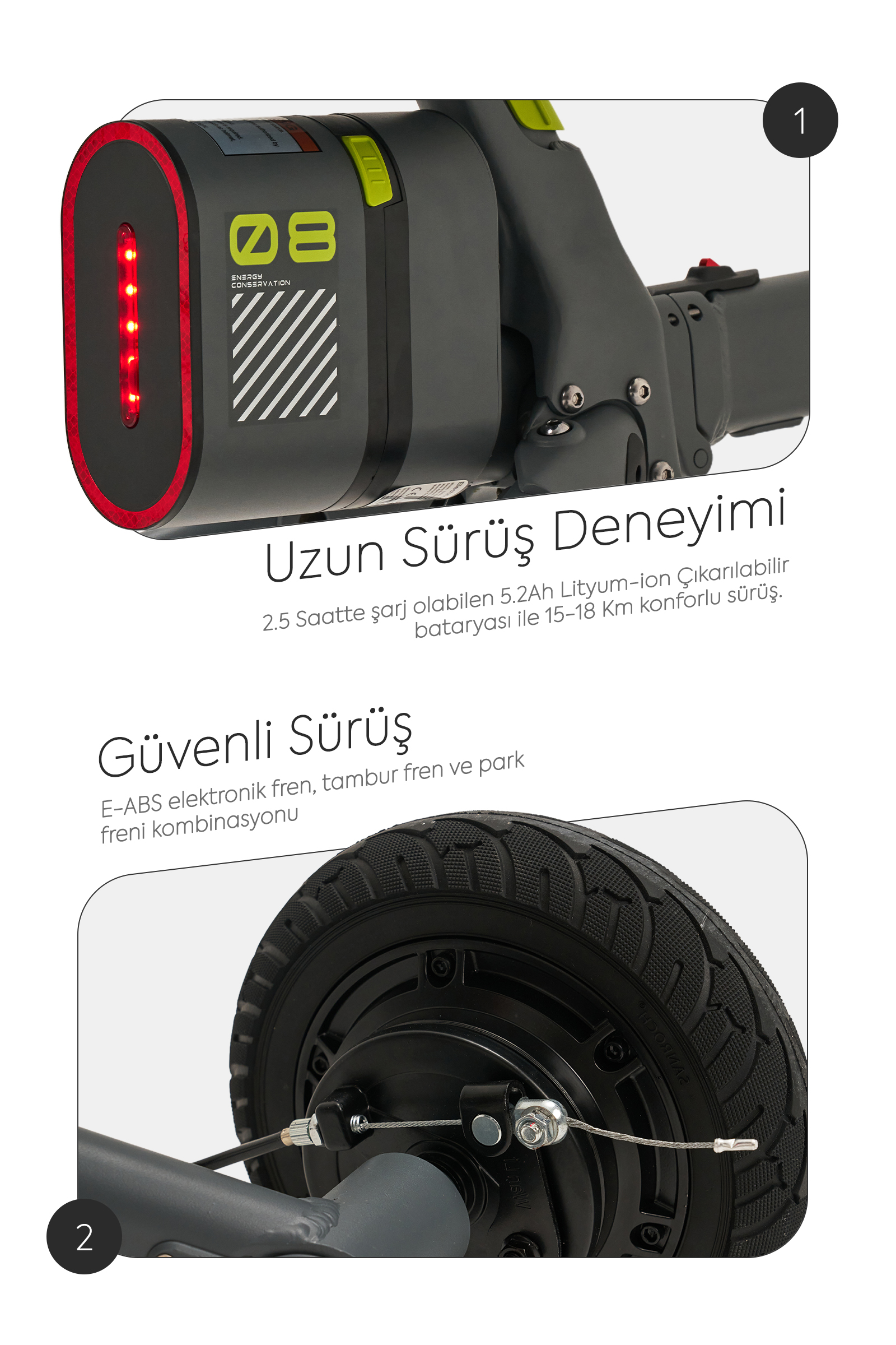 Kırmızı LED ışıklı scooter bataryası ve fren kablolu tekerlek.
