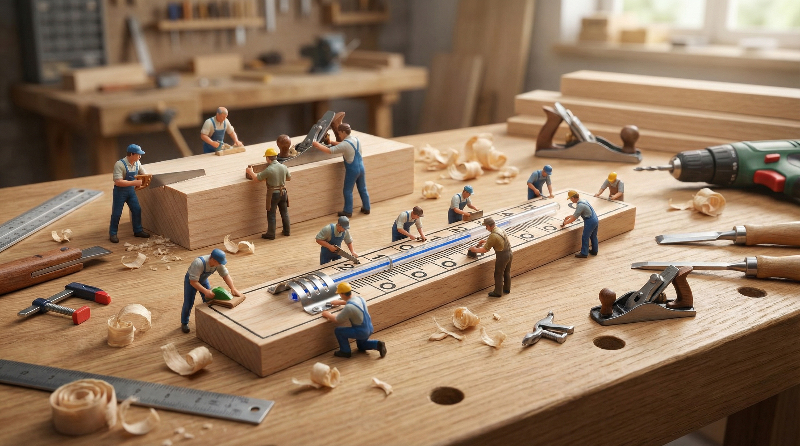 Miniaturarbeiter sägen, hobeln und messen Holz auf einer Werkbank.