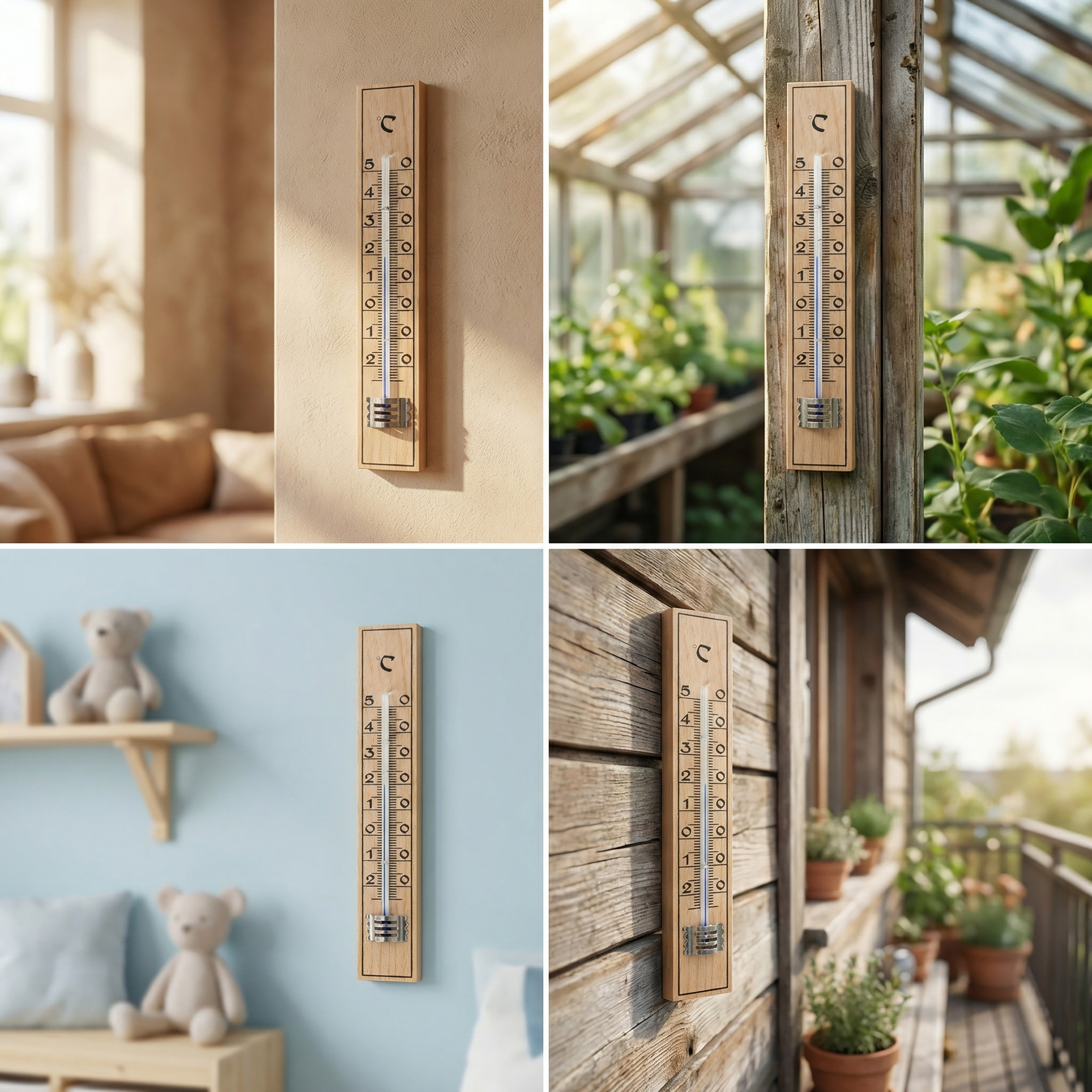 Holzthermometer an einer Wand im Innenbereich, daneben eine Couch.