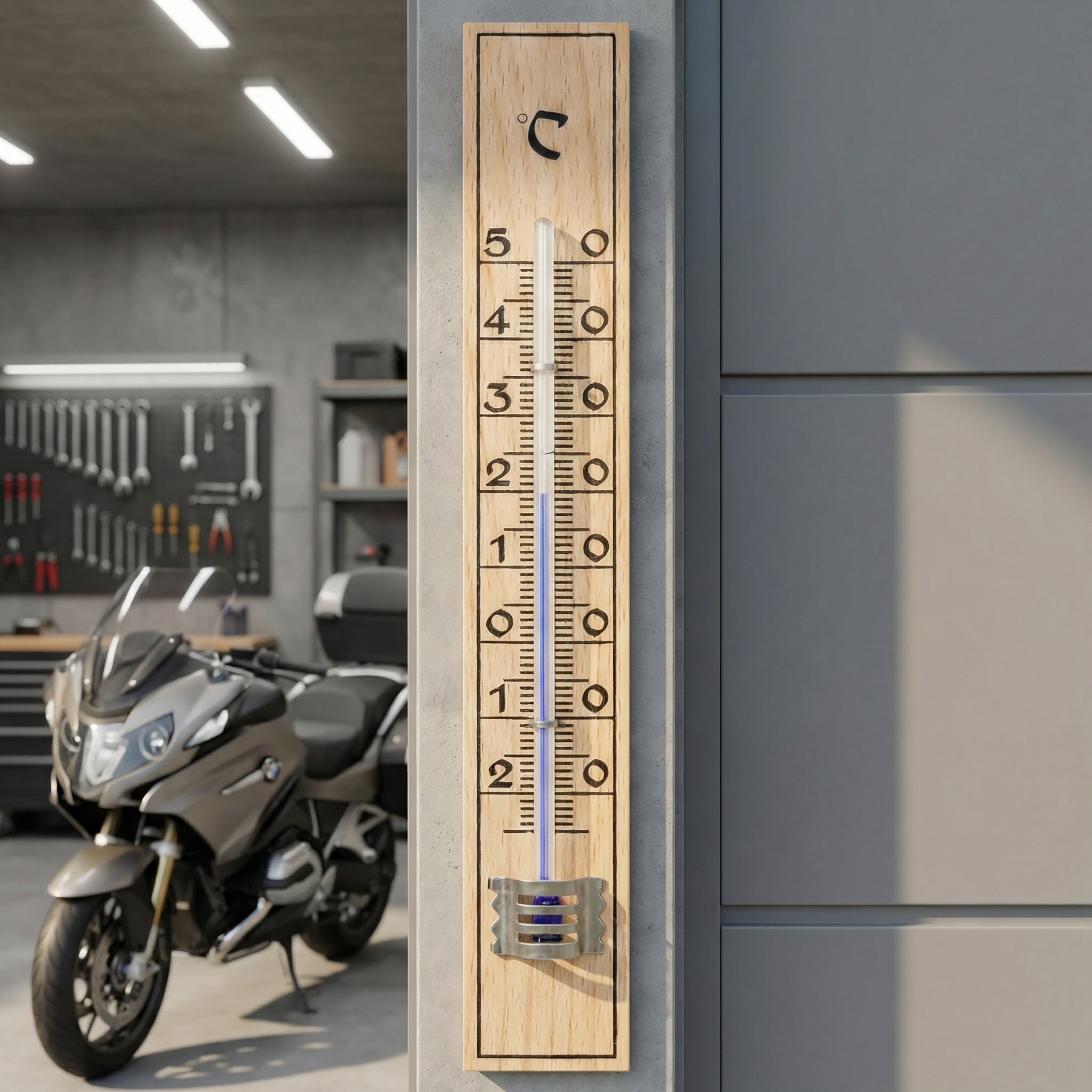 Ein Thermometer zeigt 3 Grad Celsius an. Im Hintergrund ein Motorrad in einer Werkstatt.