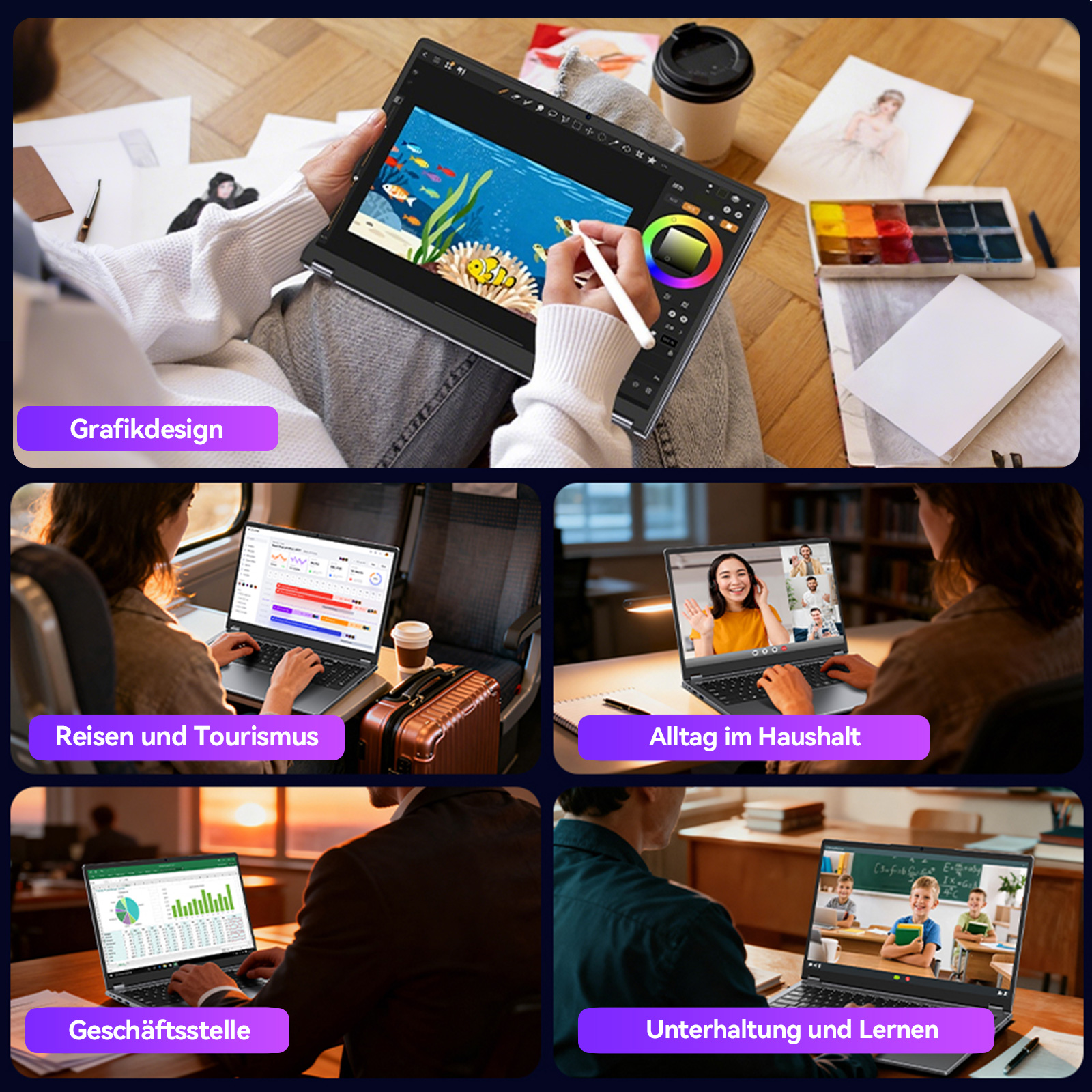 Collage zeigt 5 Szenarien: Grafikdesign, Reisen, Alltag, Büro, Lernen.
