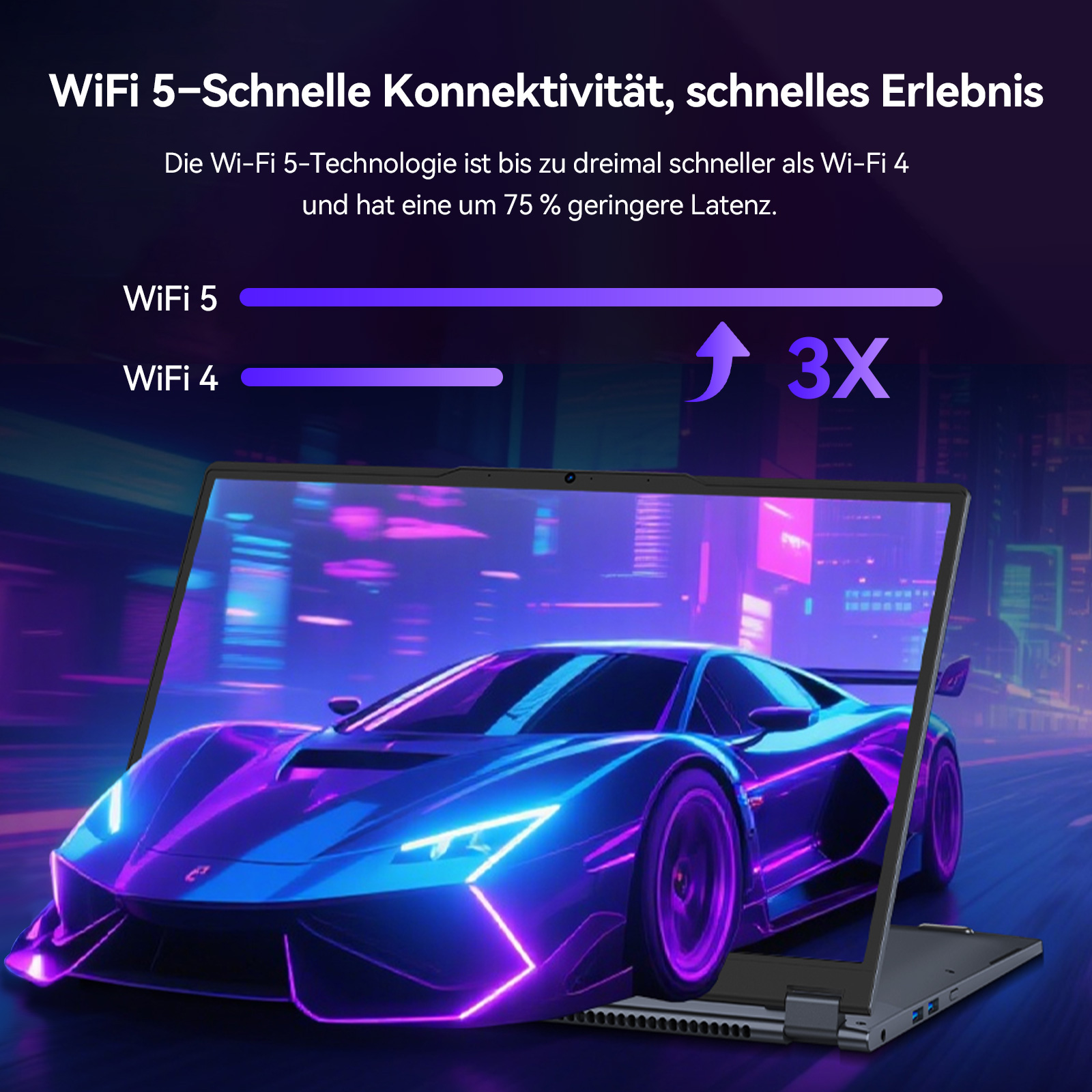 Ein Laptop zeigt einen neonblauen Sportwagen, der 3x schneller als WiFi 4 ist.