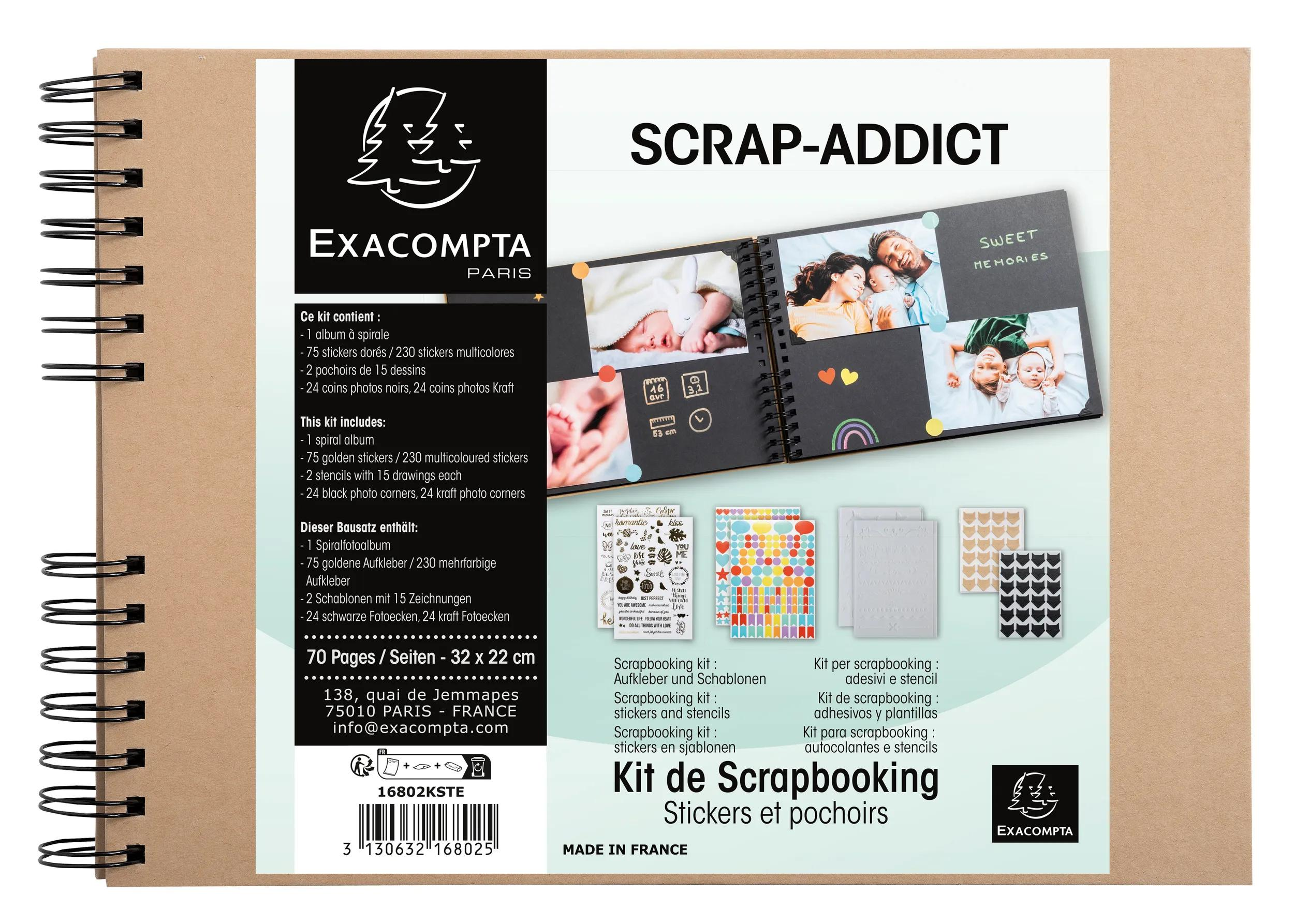 Kit de scrapbooking Exacompta con álbum de espiral, pegatinas, plantillas y esquinas.