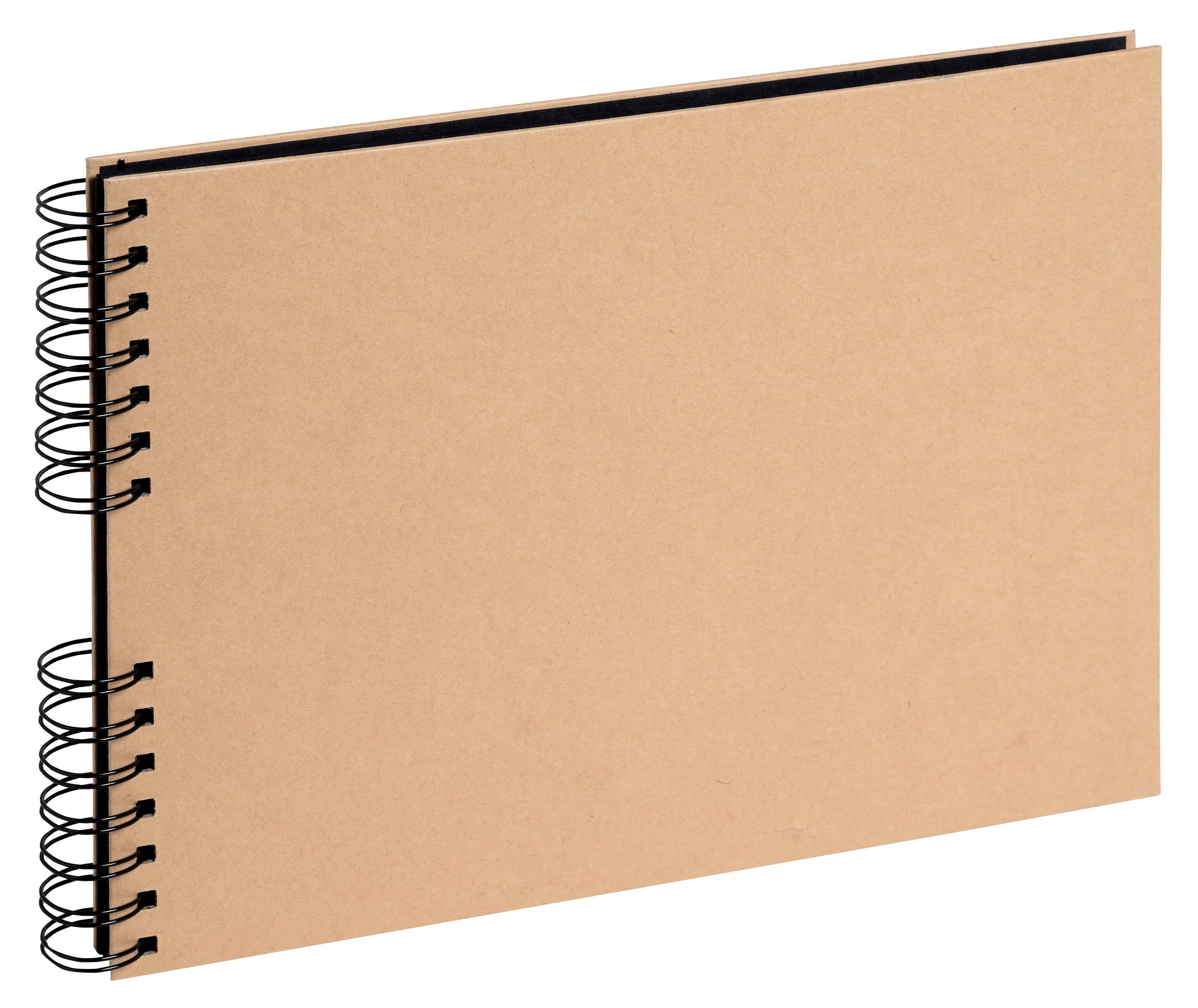 Un cuaderno marrón con espiral se muestra a la izquierda.