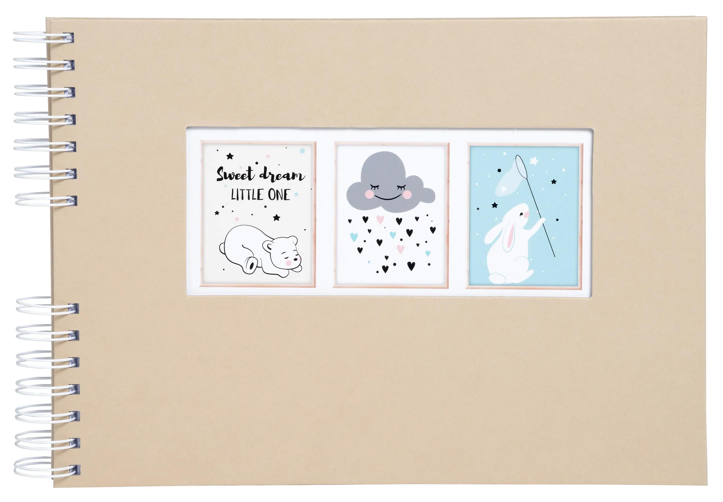 Álbum con tres imágenes: oso, nube, conejo con red.
