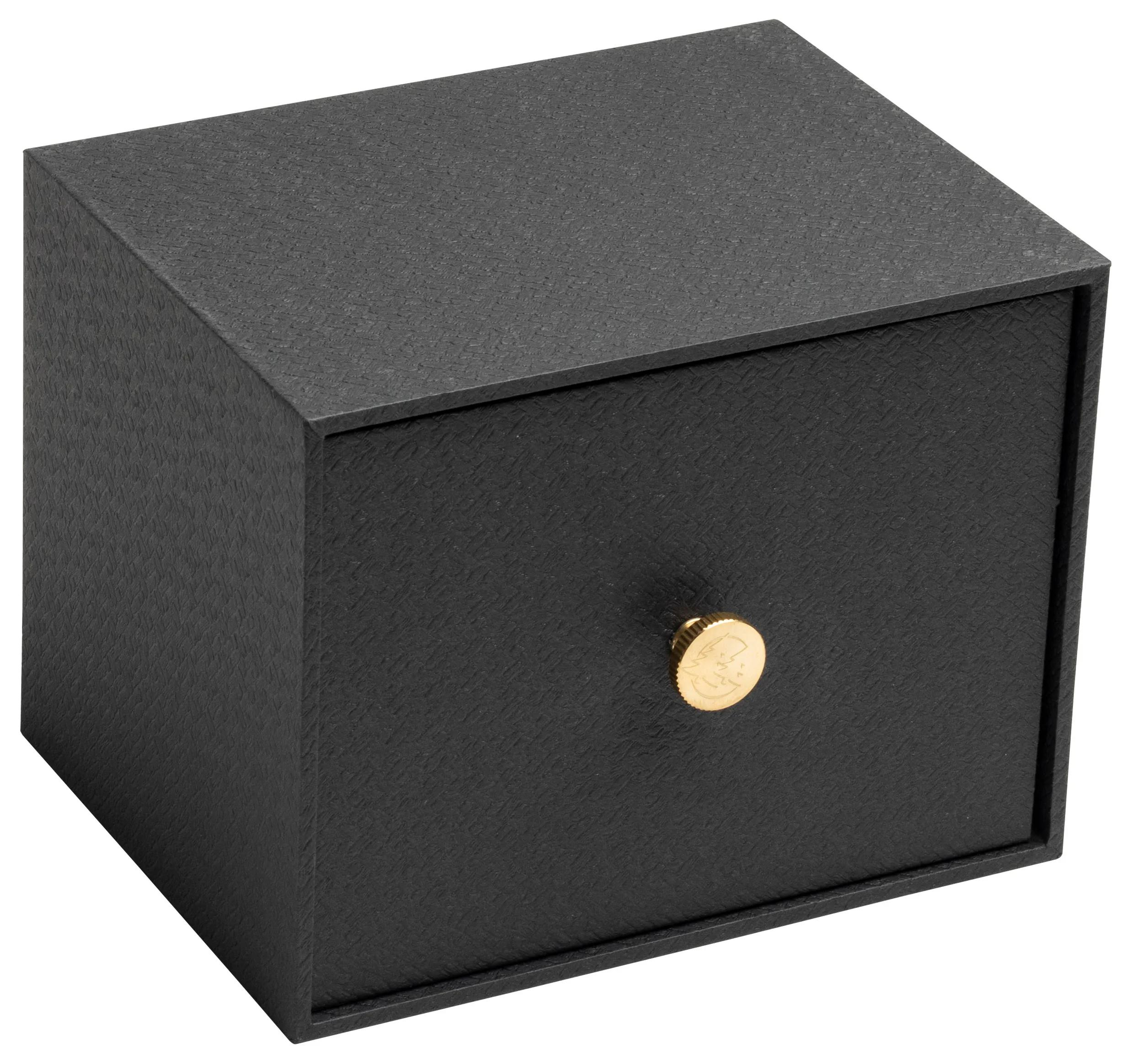 Caja de almacenamiento negra con pomo dorado y patrón texturizado.