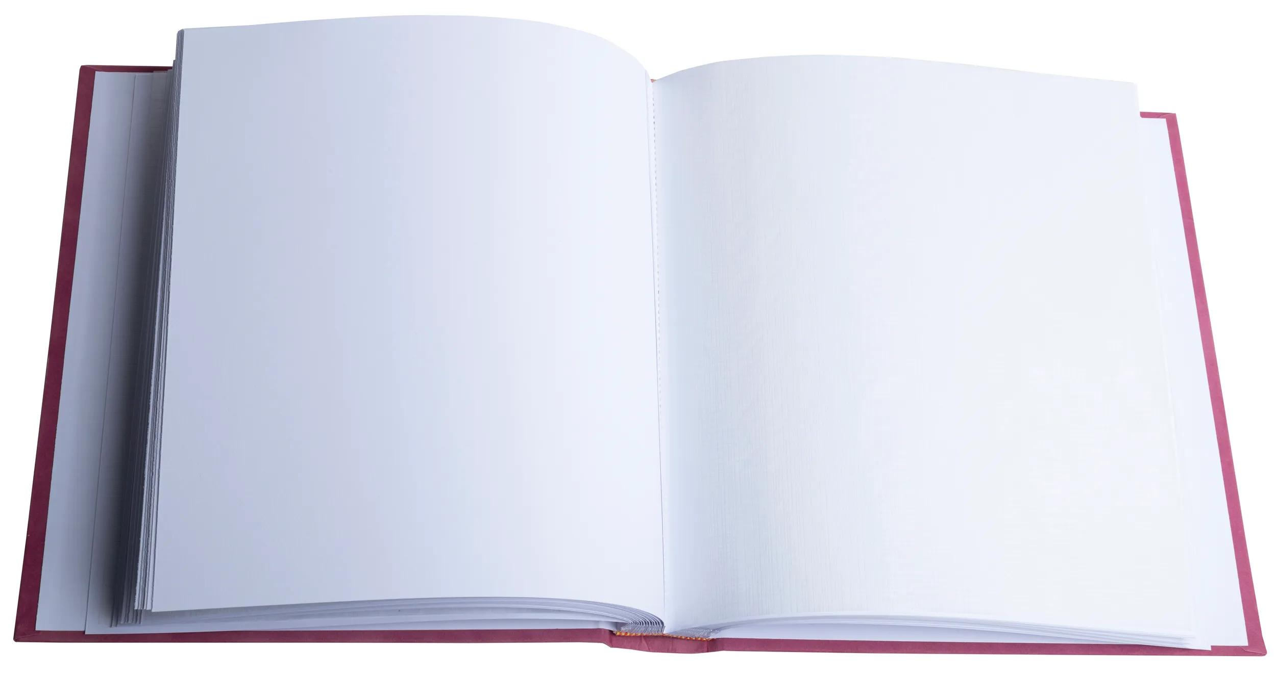 Un libro abierto con tapa roja y páginas blancas.