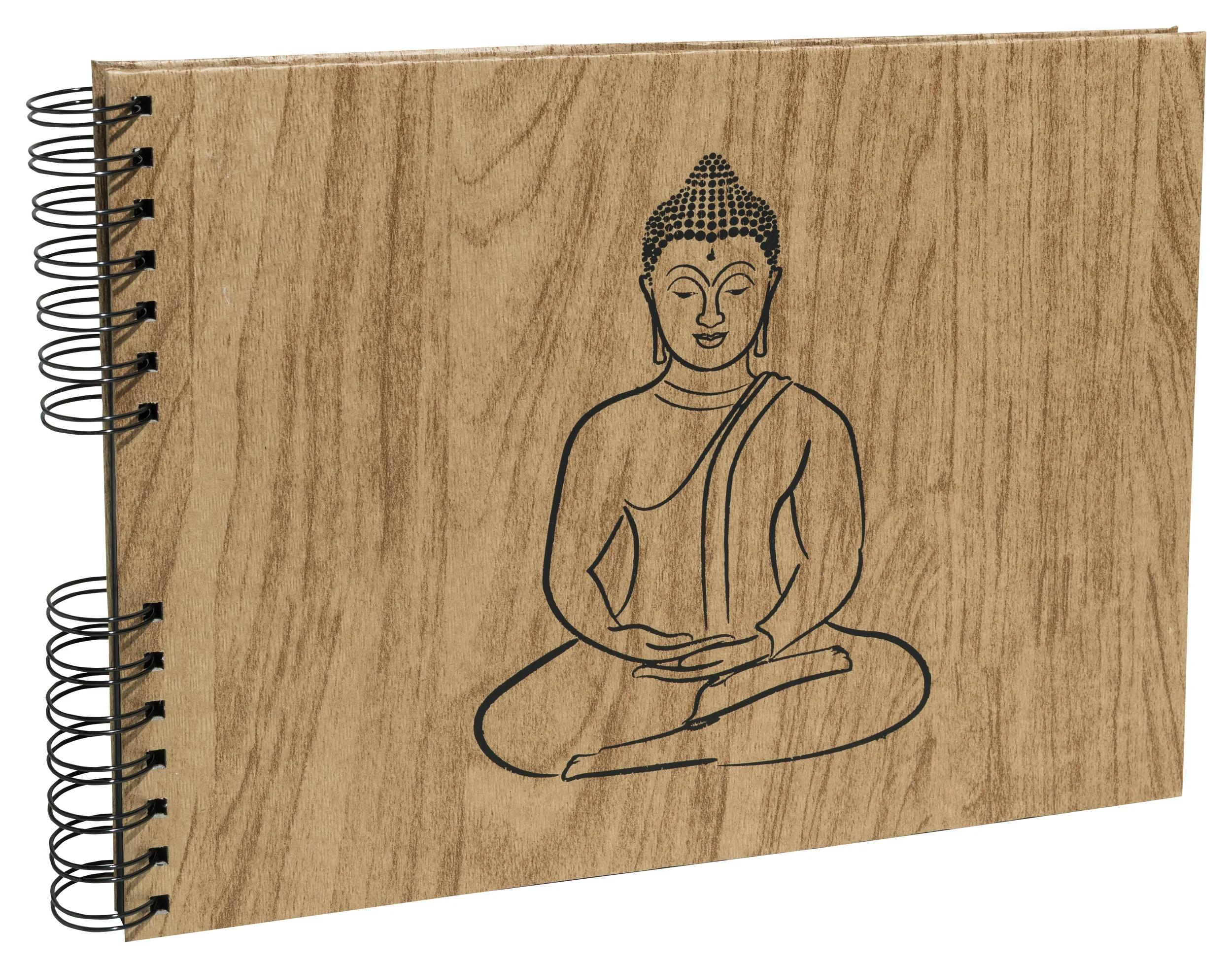 Un cuaderno con la cabeza de Buda en la portada, con diseño de madera.