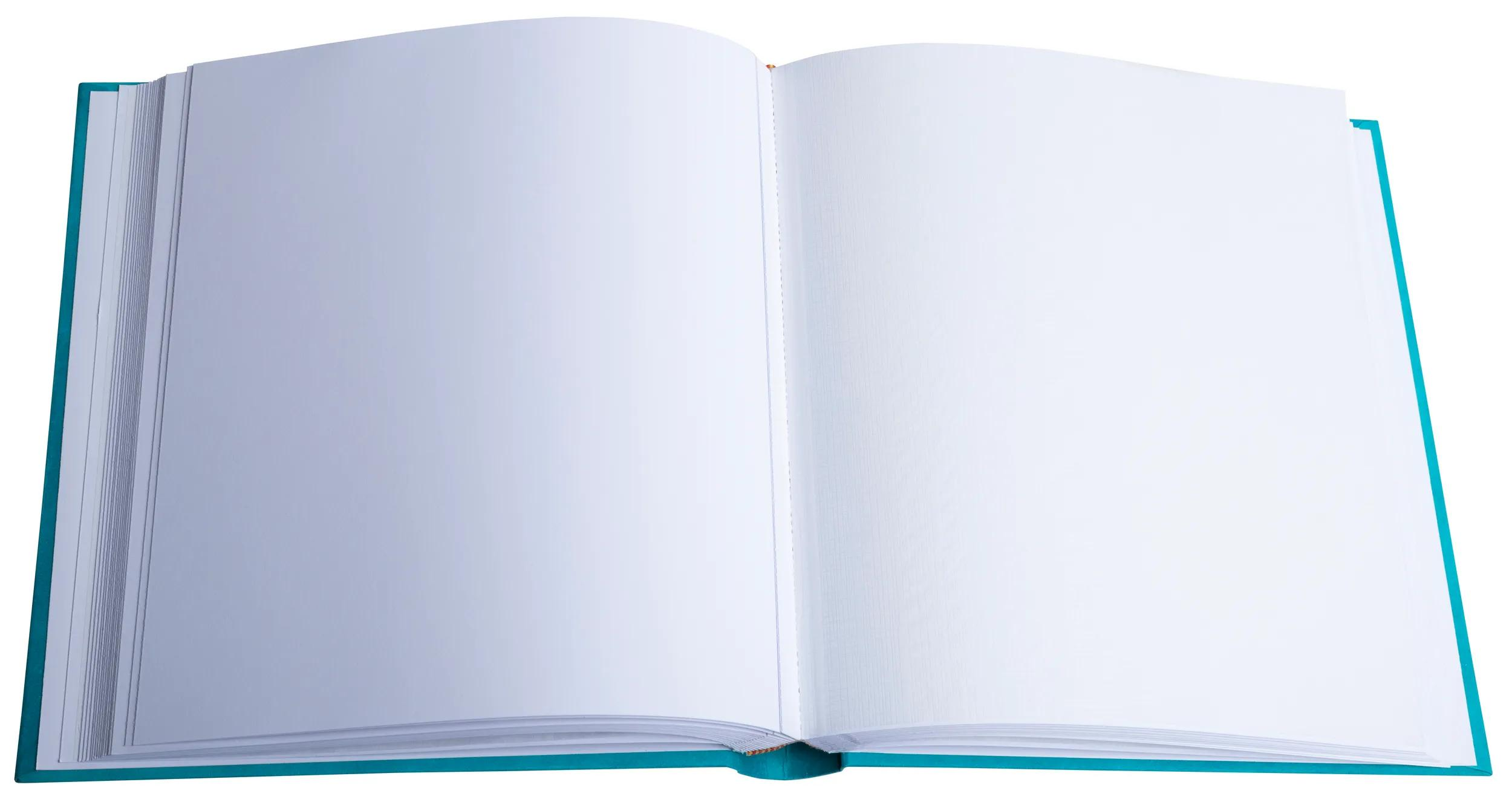 Un libro abierto con cubierta azul verdoso y páginas blancas vacías.