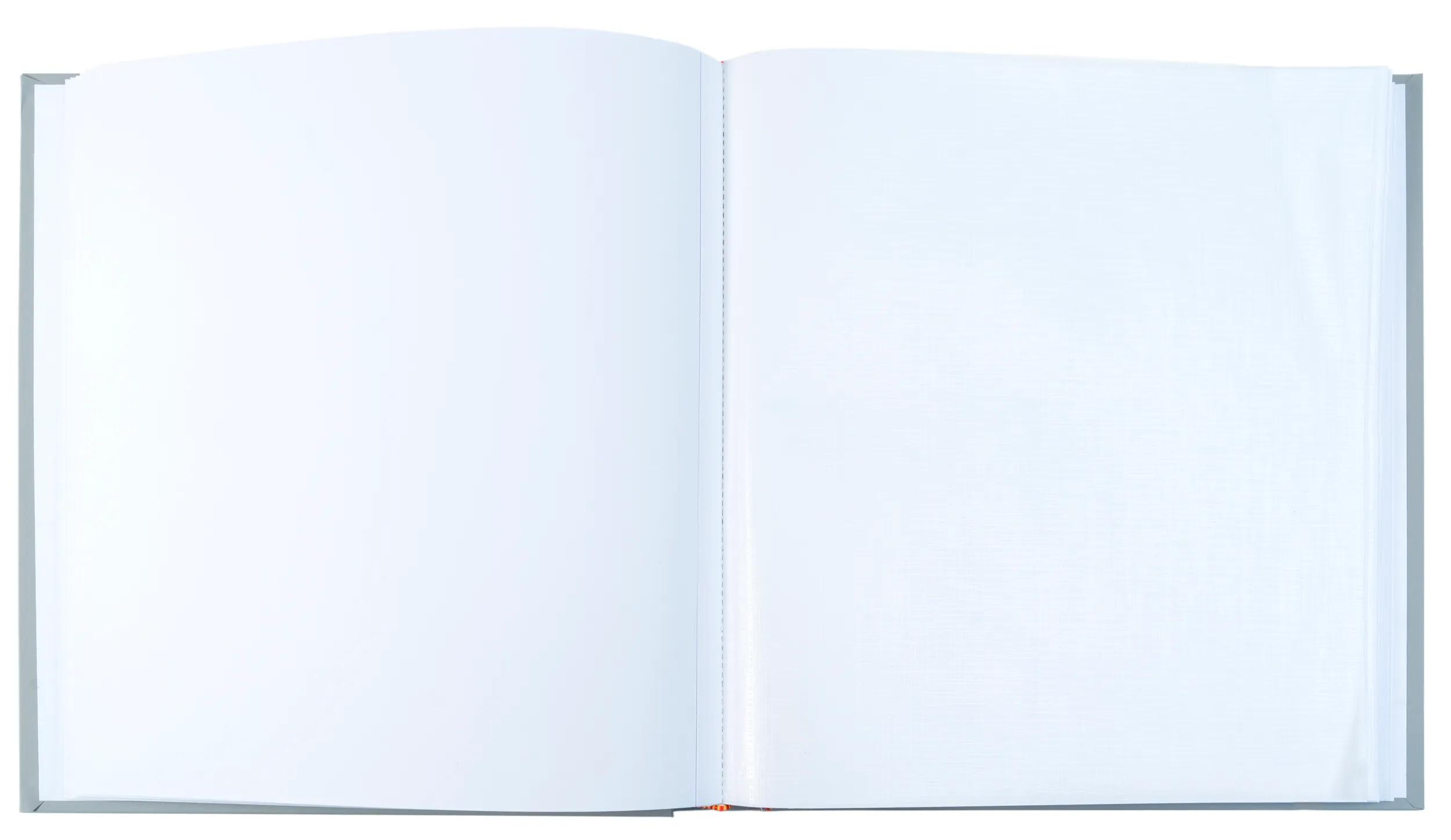 Un libro abierto con páginas blancas vacías y una cubierta gris.