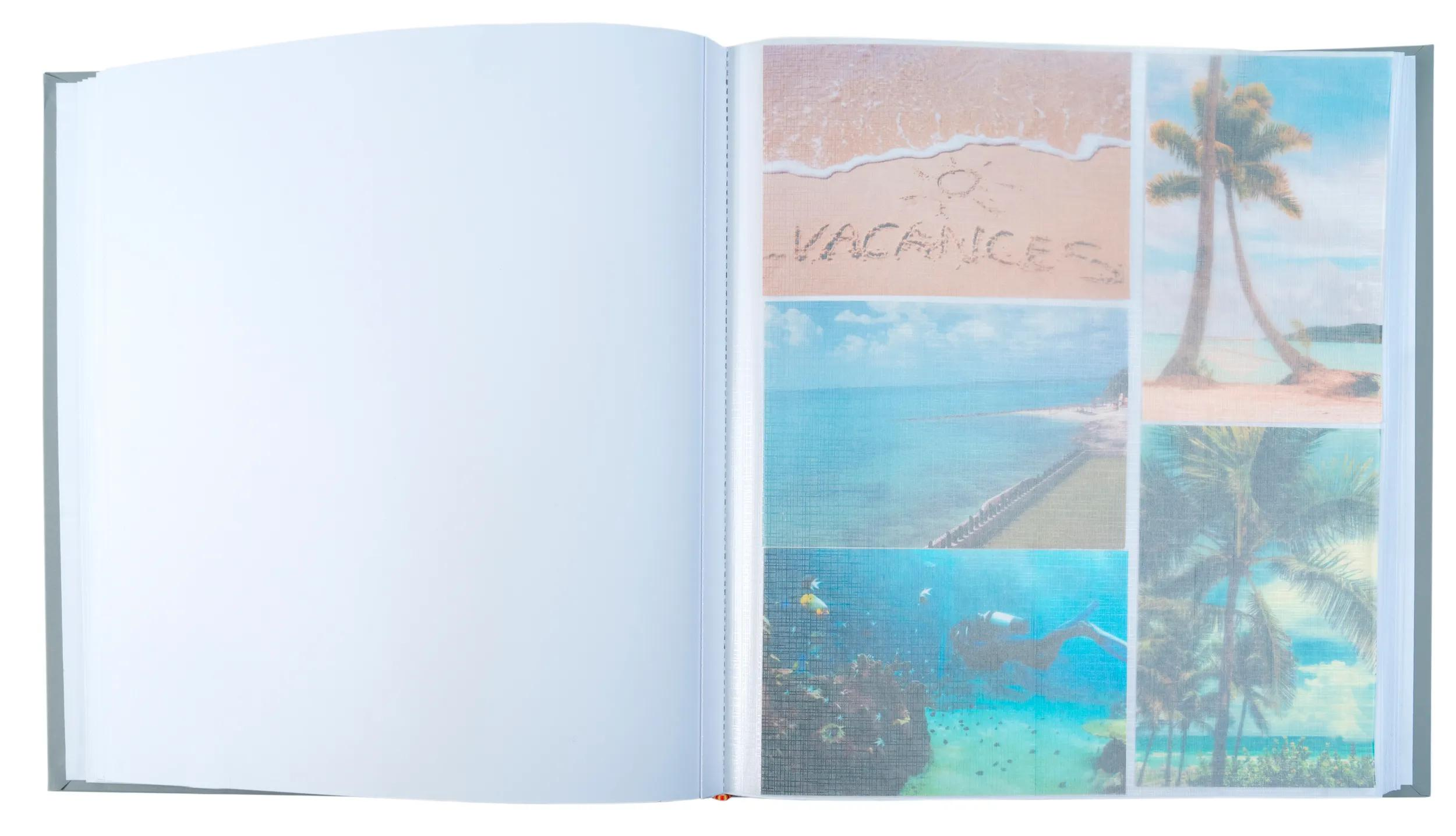 Un álbum de fotos abierto con fotos de vacaciones en el lado derecho.