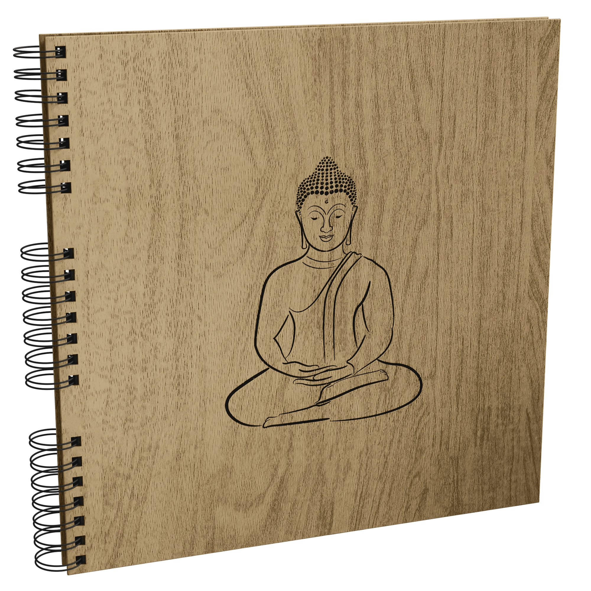 Un cuaderno de madera con grabado de Buda, encuadernado con espiral negra.