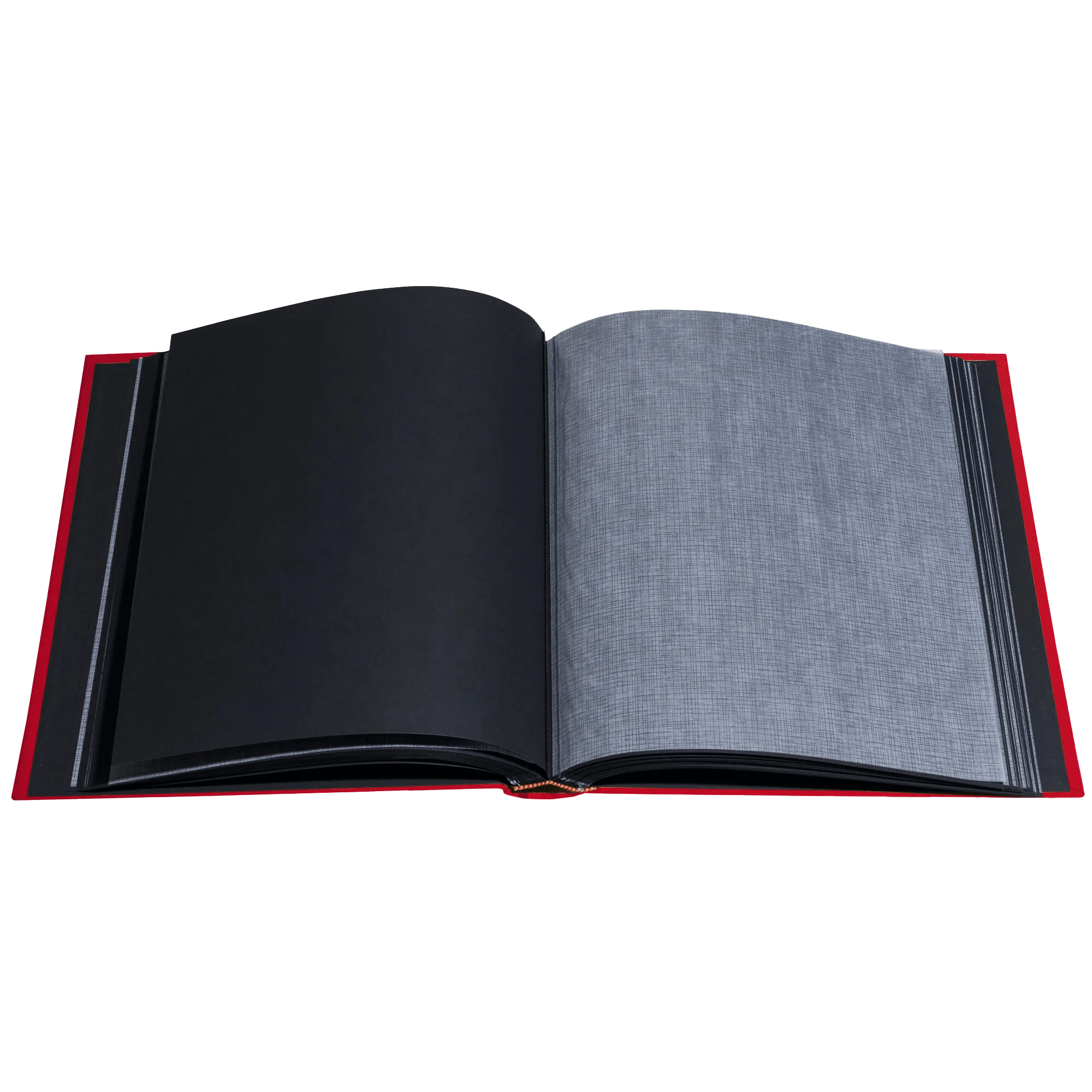 Un libro rojo abierto con páginas negras y grises sobre fondo verde.