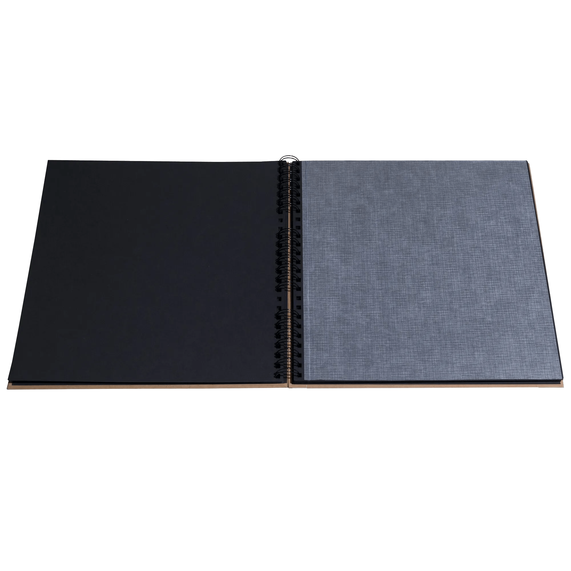 Un cuaderno abierto con páginas negras y grises, encuadernado en espiral.