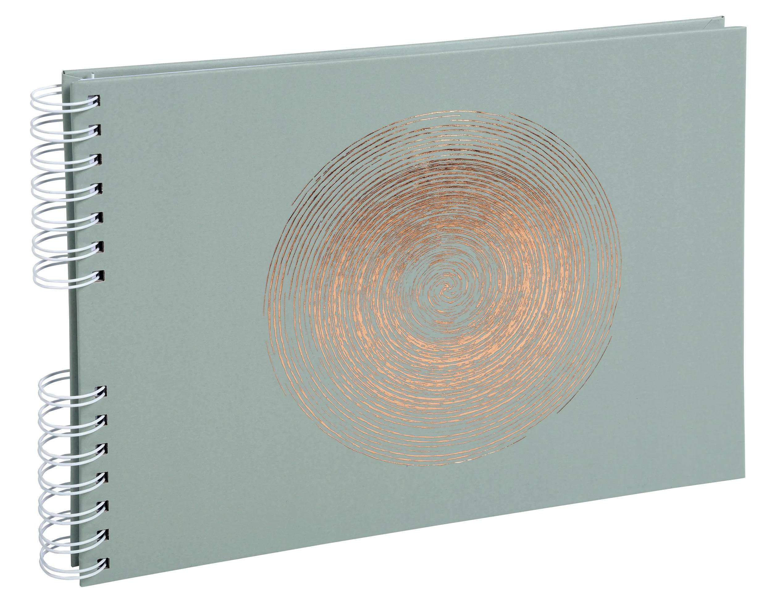 Un cuaderno gris claro de espiral con un patrón de remolino de cobre.