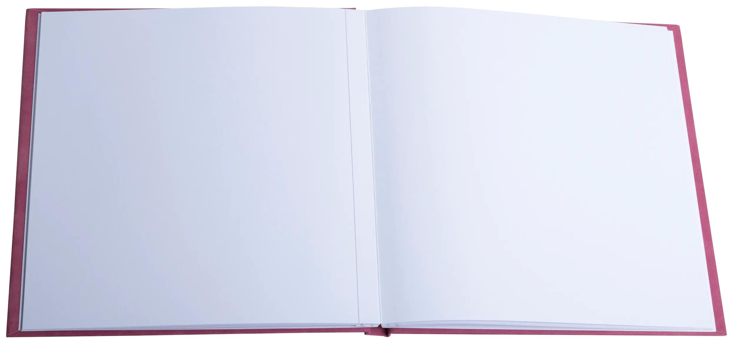Un libro abierto con tapas rojas y páginas blancas.