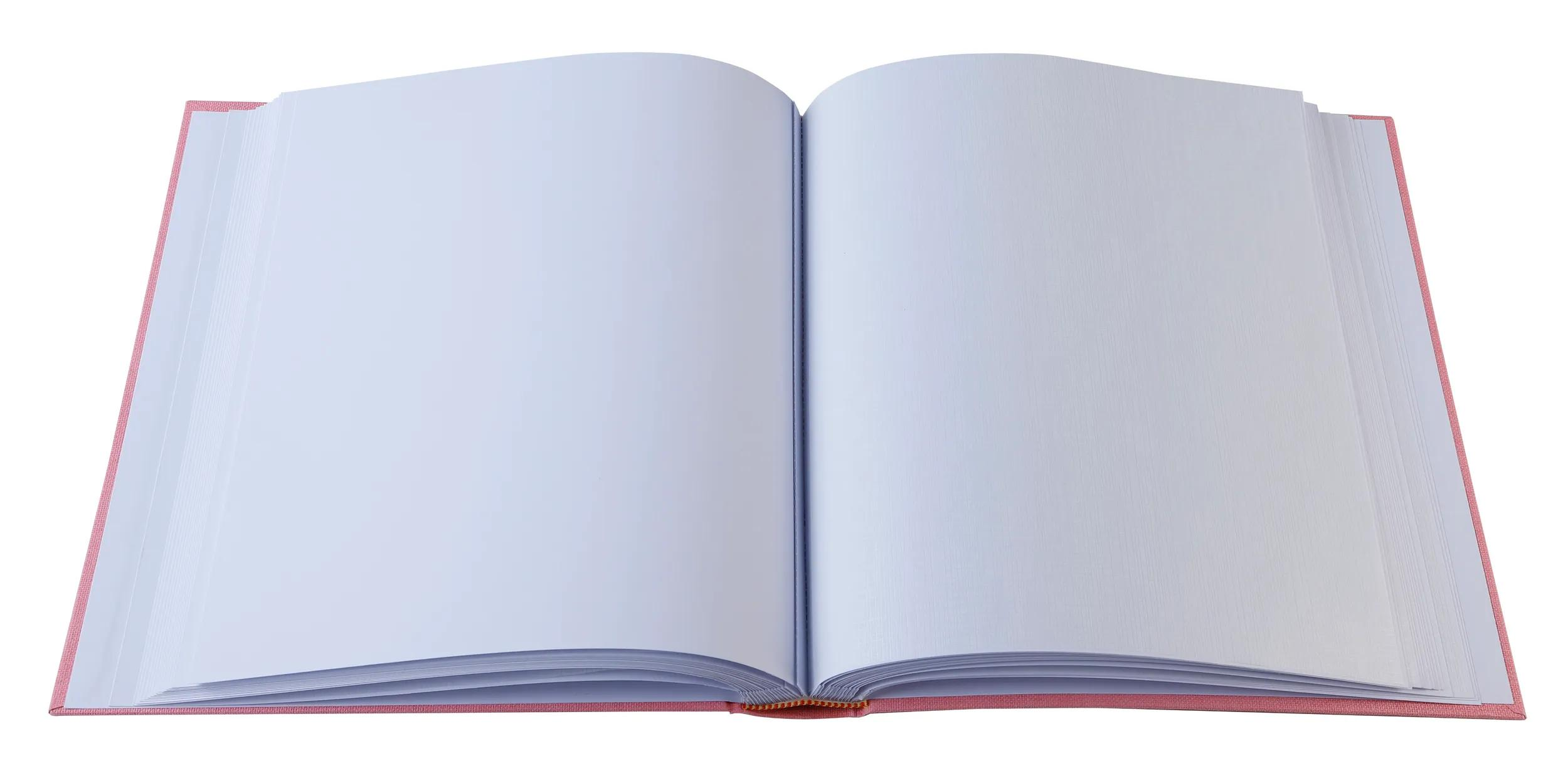 Un libro abierto con páginas en blanco, azul claro y cubierta roja.