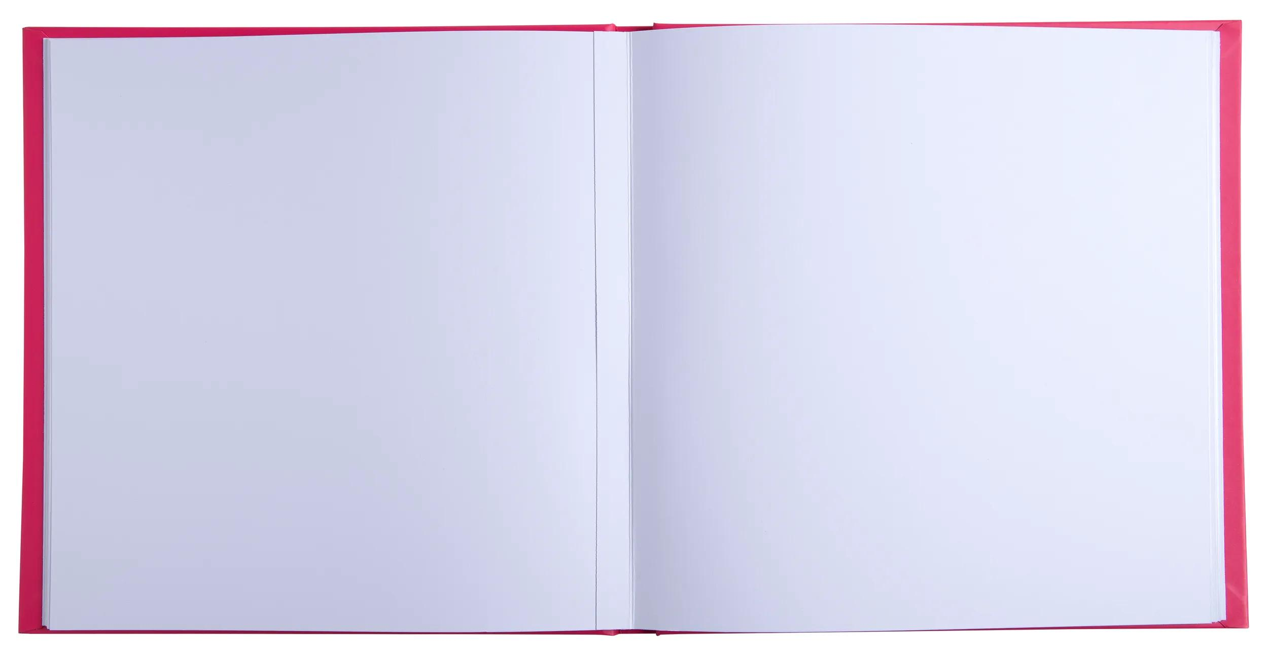 Un cuaderno abierto con cubierta roja y páginas blancas vacías.