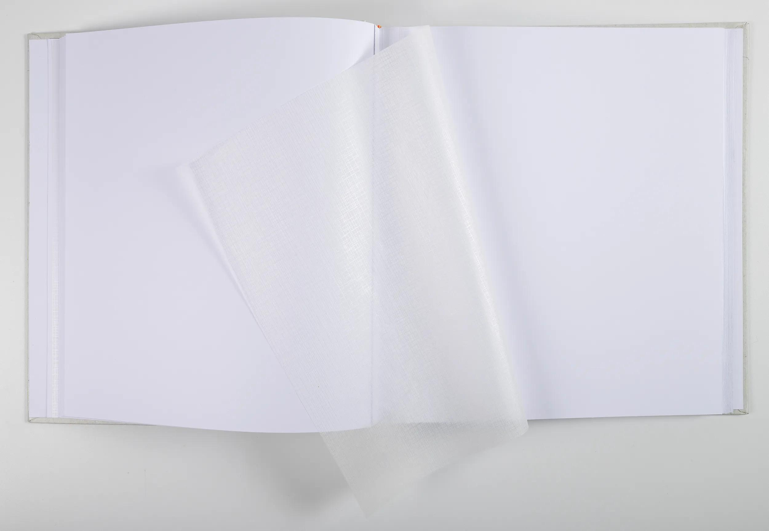 Un libro abierto con páginas blancas y una lámina protectora translúcida.