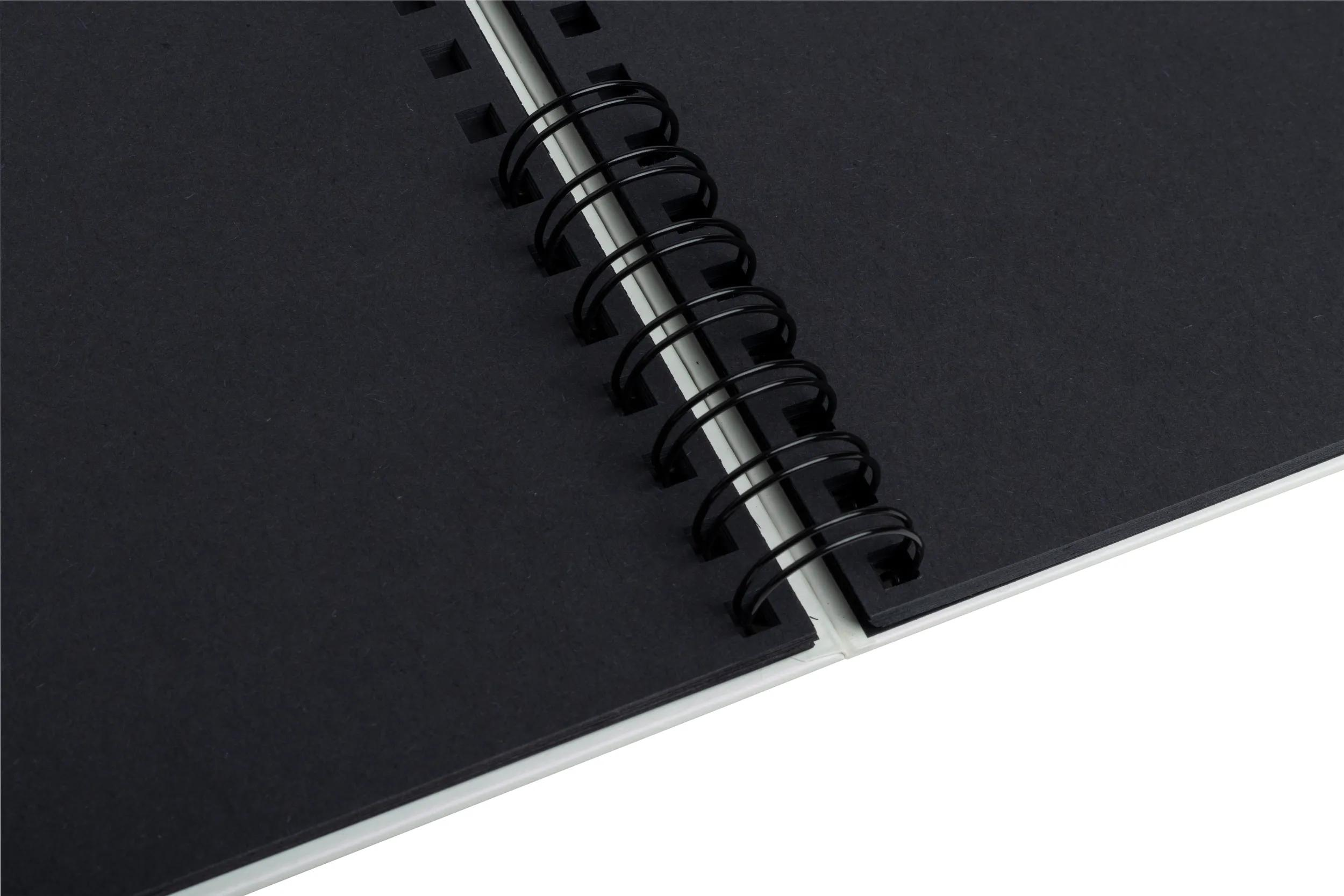 Cuaderno negro con espiral negra, vista de cerca.