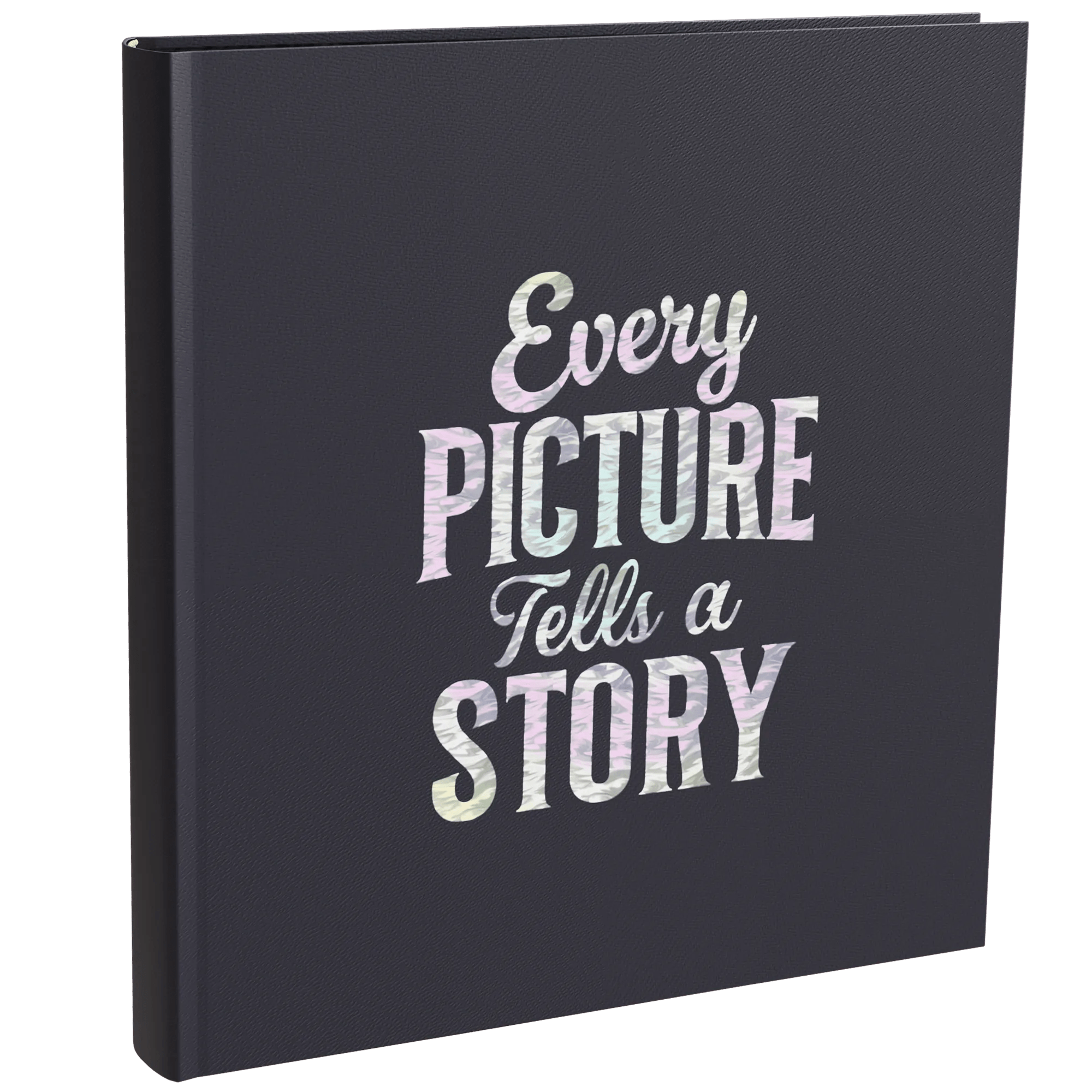 Libro gris oscuro con el texto iridiscente "Every PICTURE Tells a STORY" en la portada.