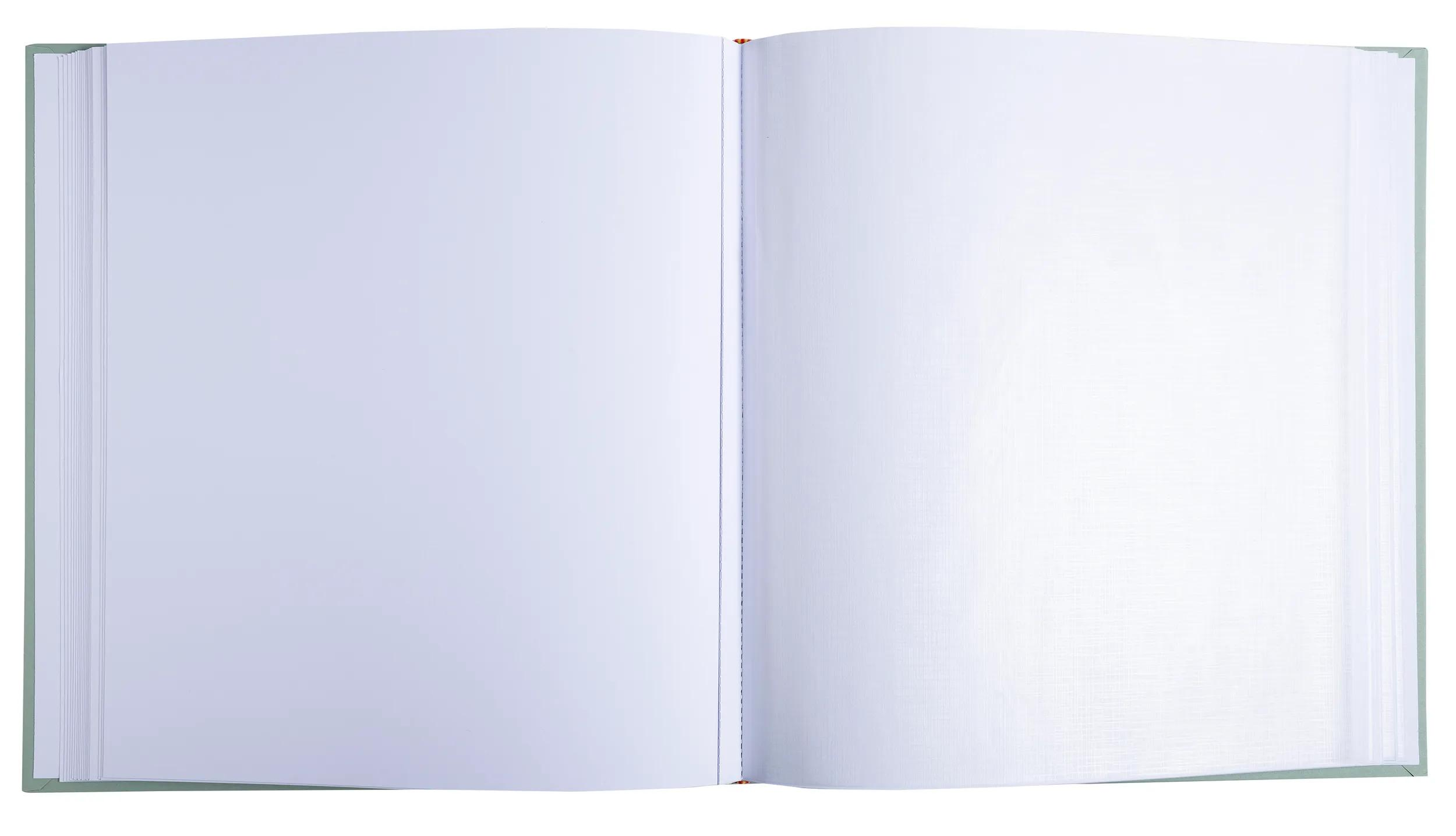 Un libro abierto que muestra páginas blancas vacías a izquierda y derecha.