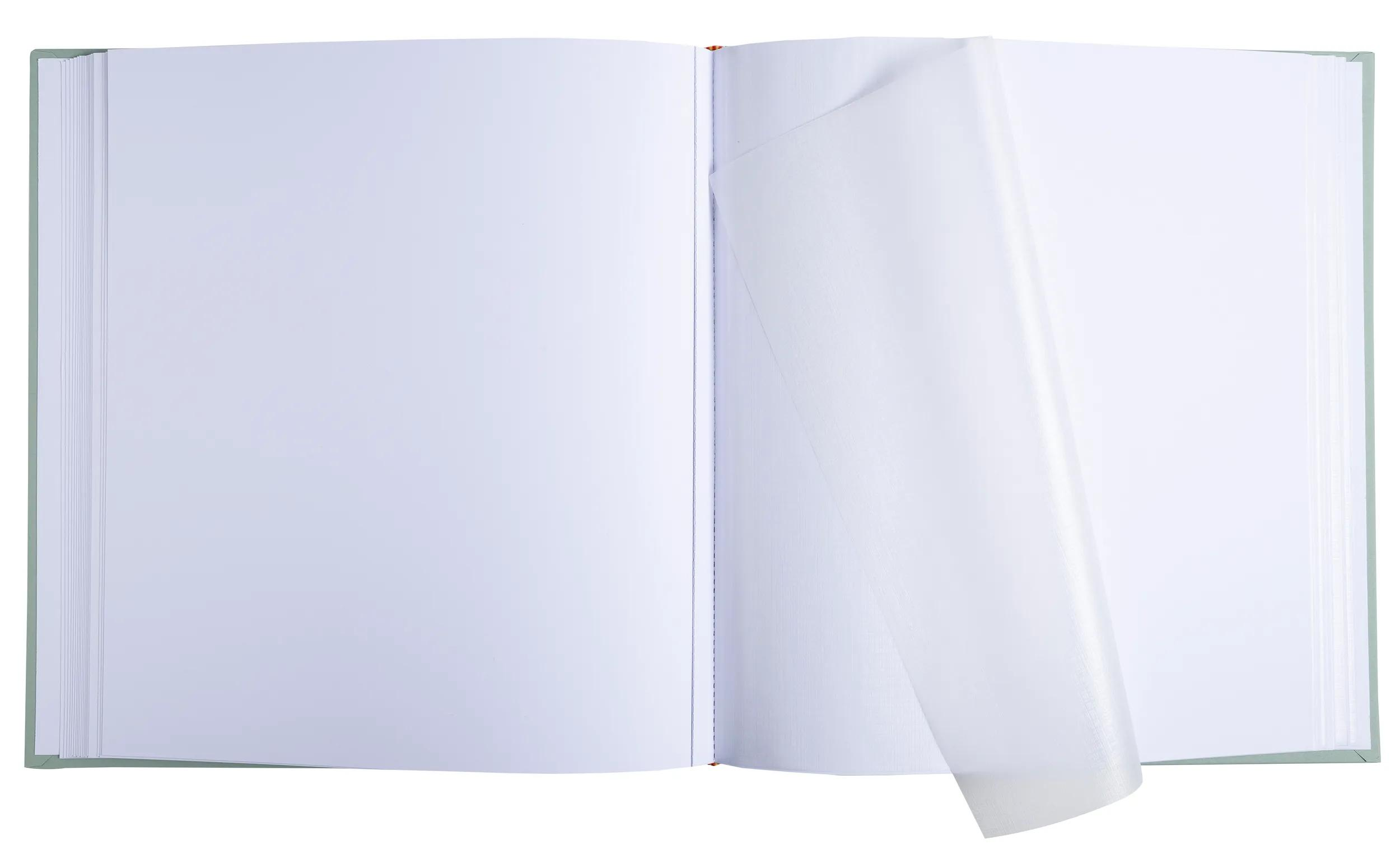 Un libro abierto con páginas blancas y vacías. Se está pasando una página.