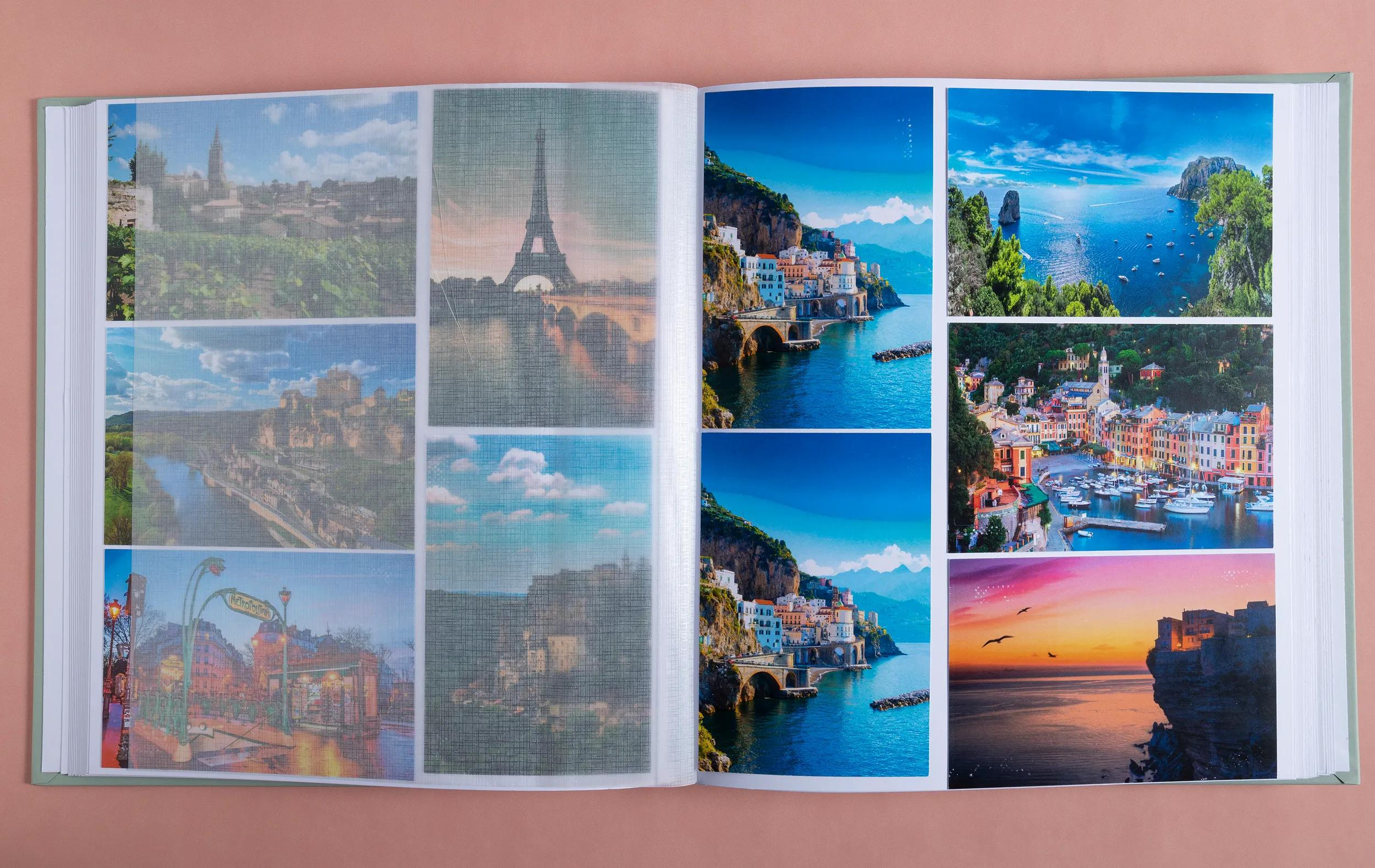 Un álbum de fotos muestra varios destinos de viaje con imágenes de París, Italia y más.