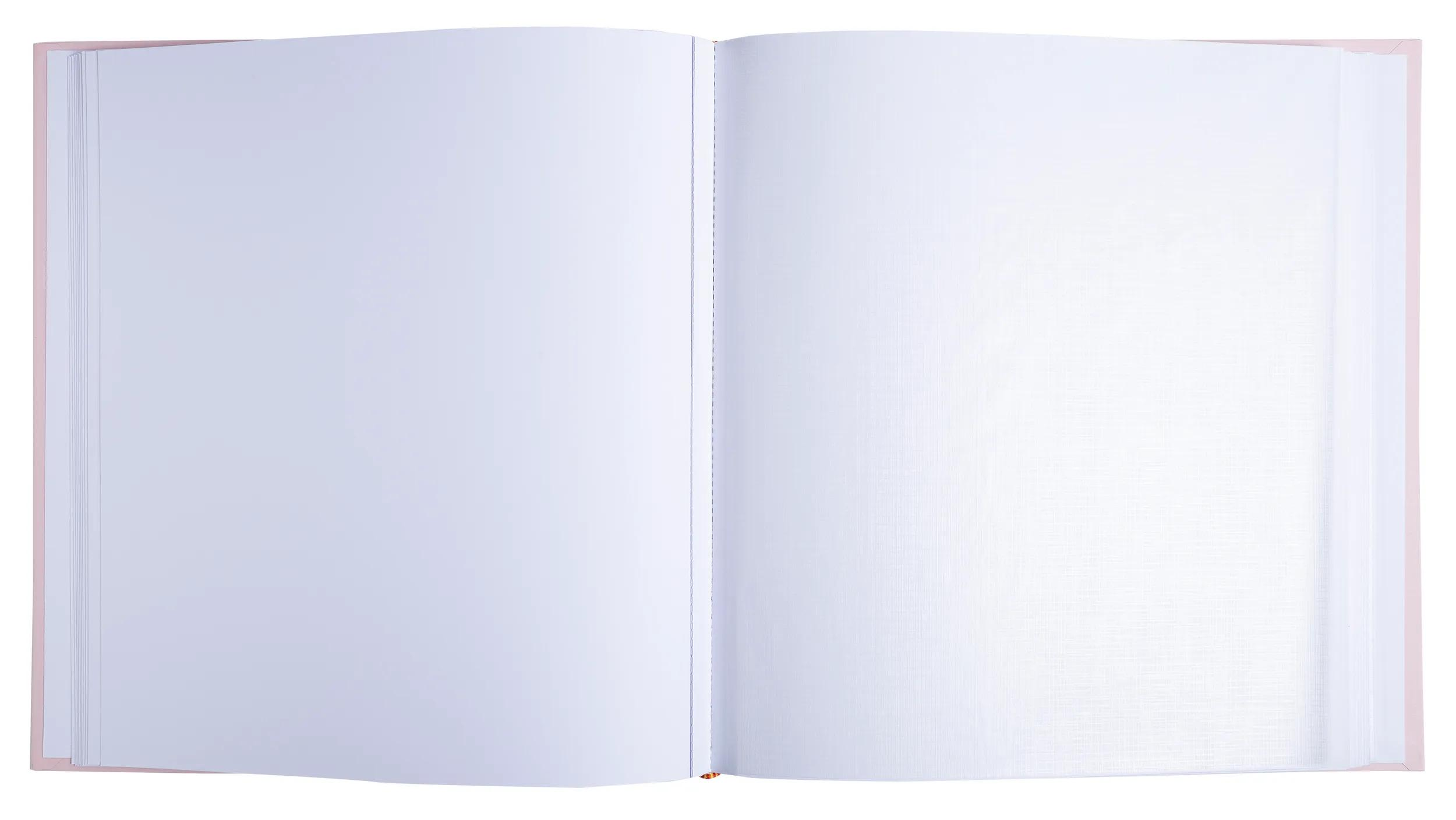 Un libro abierto con páginas blancas y vacías y una cubierta rosa claro.