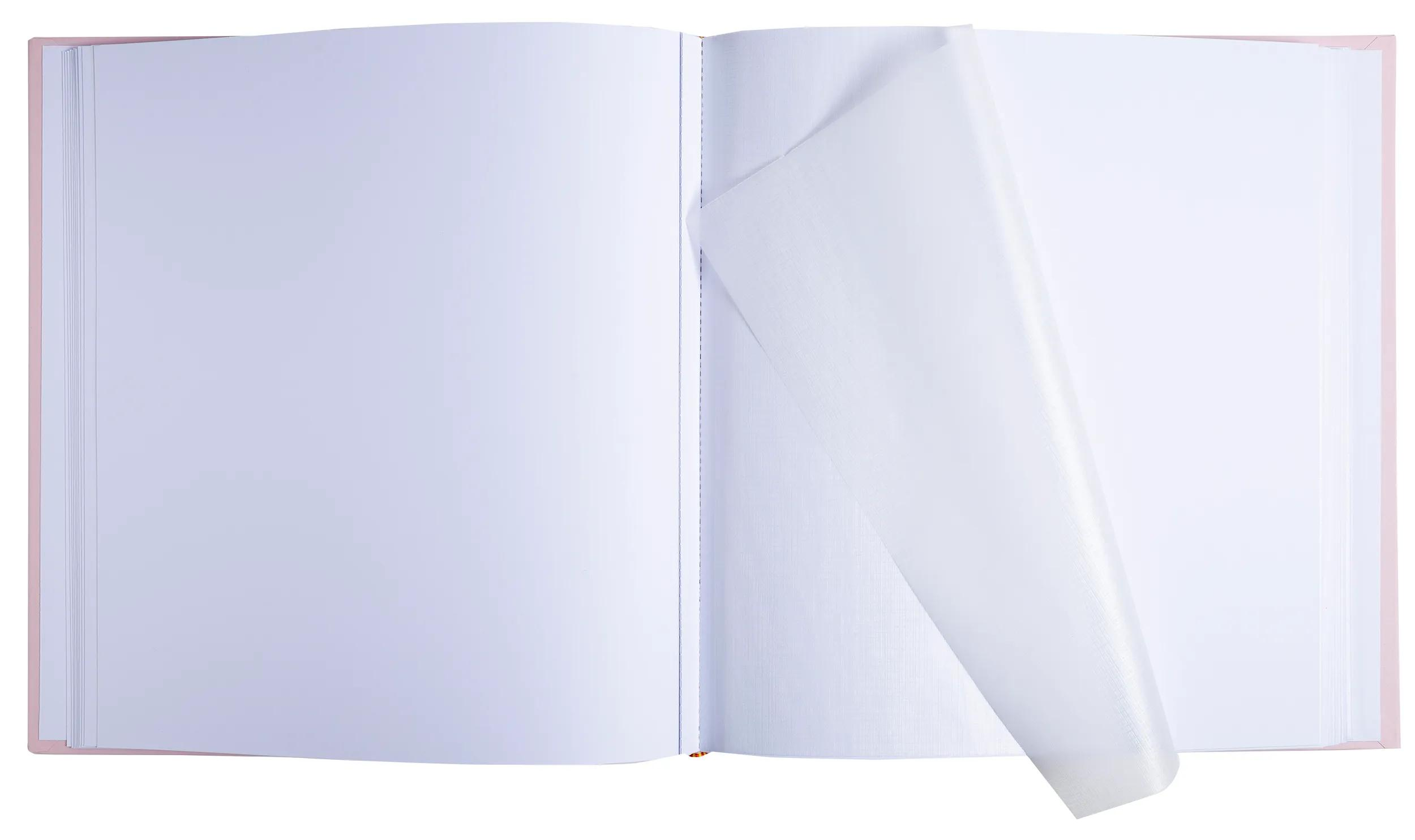 Un cuaderno abierto con tapa rosa. Las páginas están en blanco.