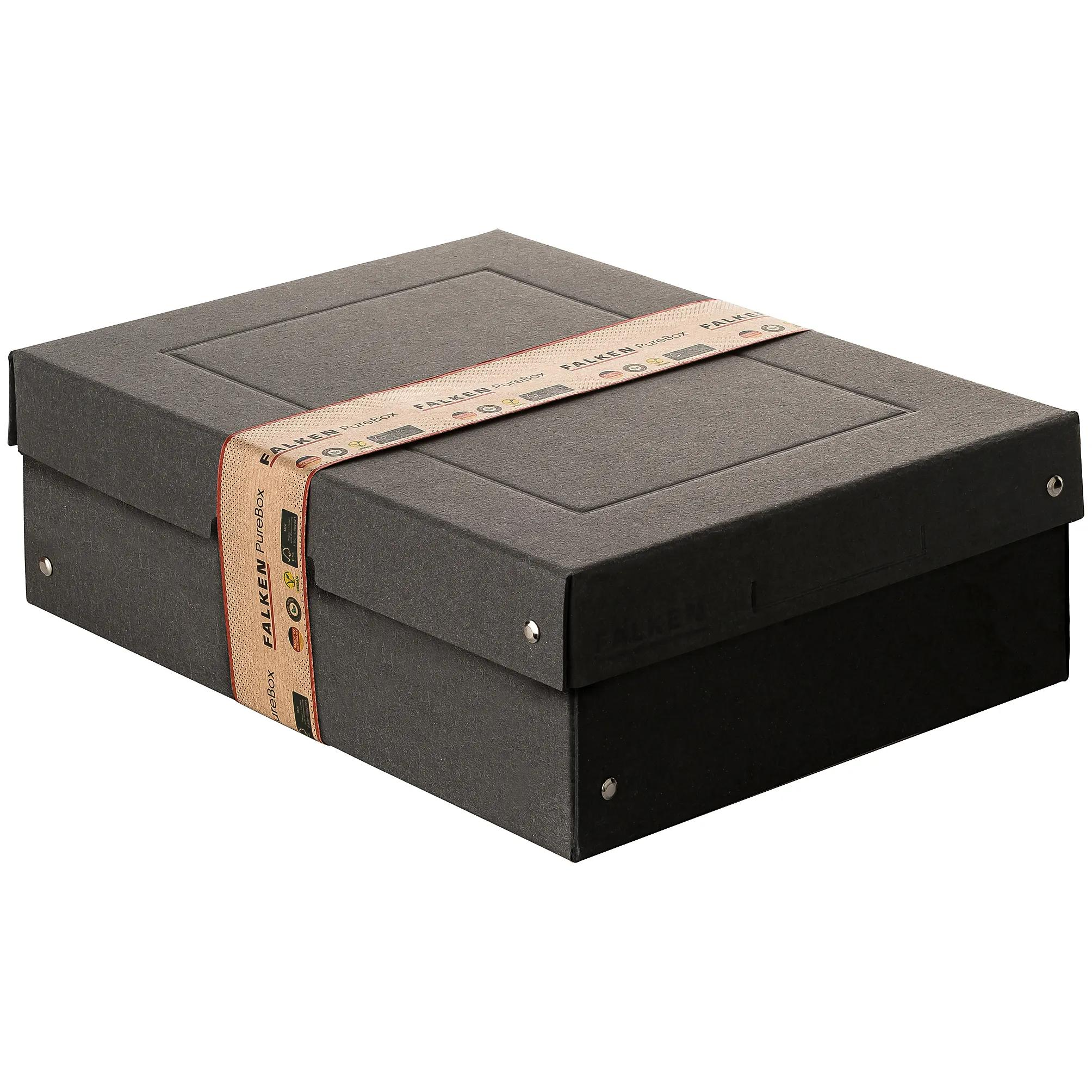 Una caja de almacenamiento negra sujeta por una banda impresa con texto y logos.