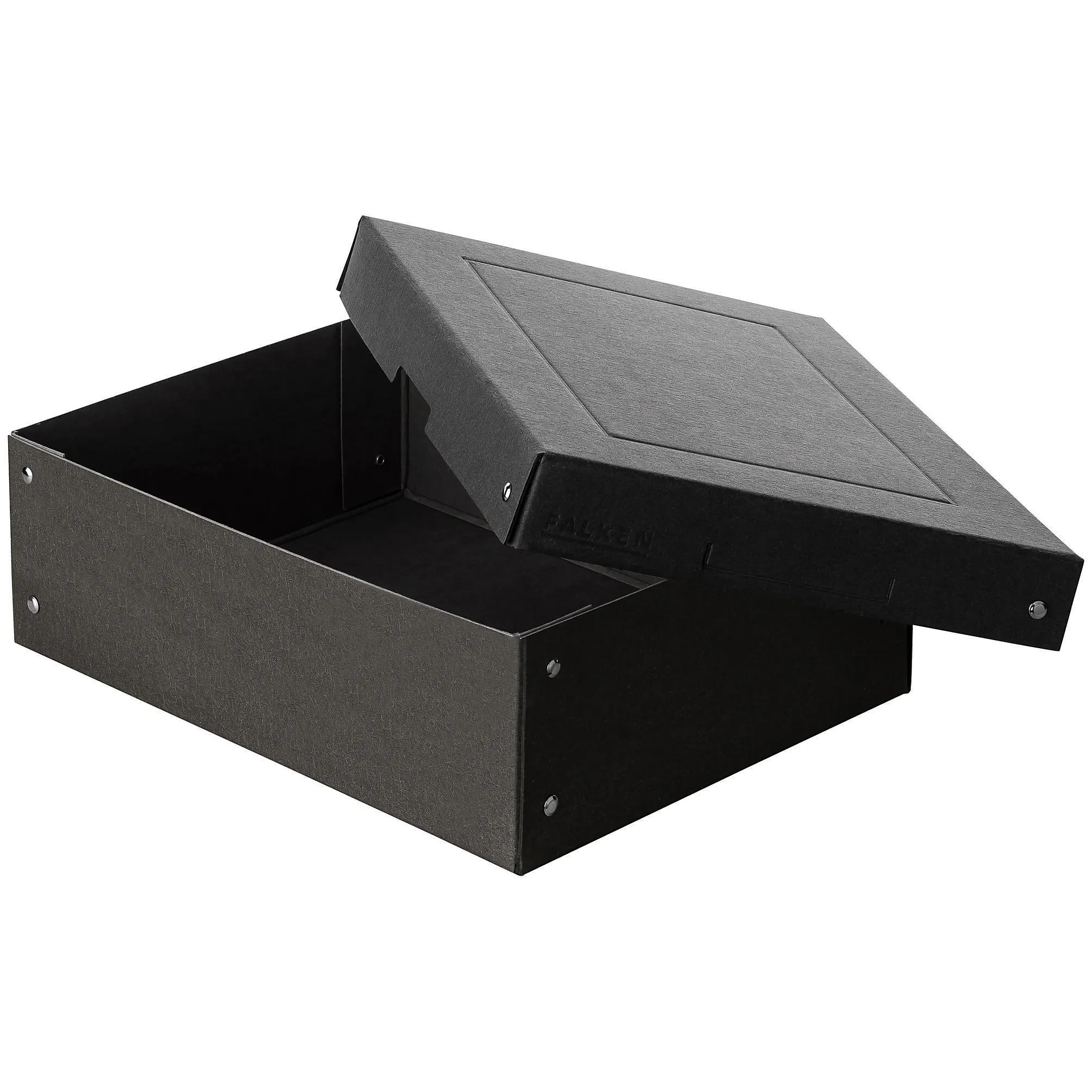 Caja de almacenamiento negra con tapa abierta, aislada sobre fondo blanco.