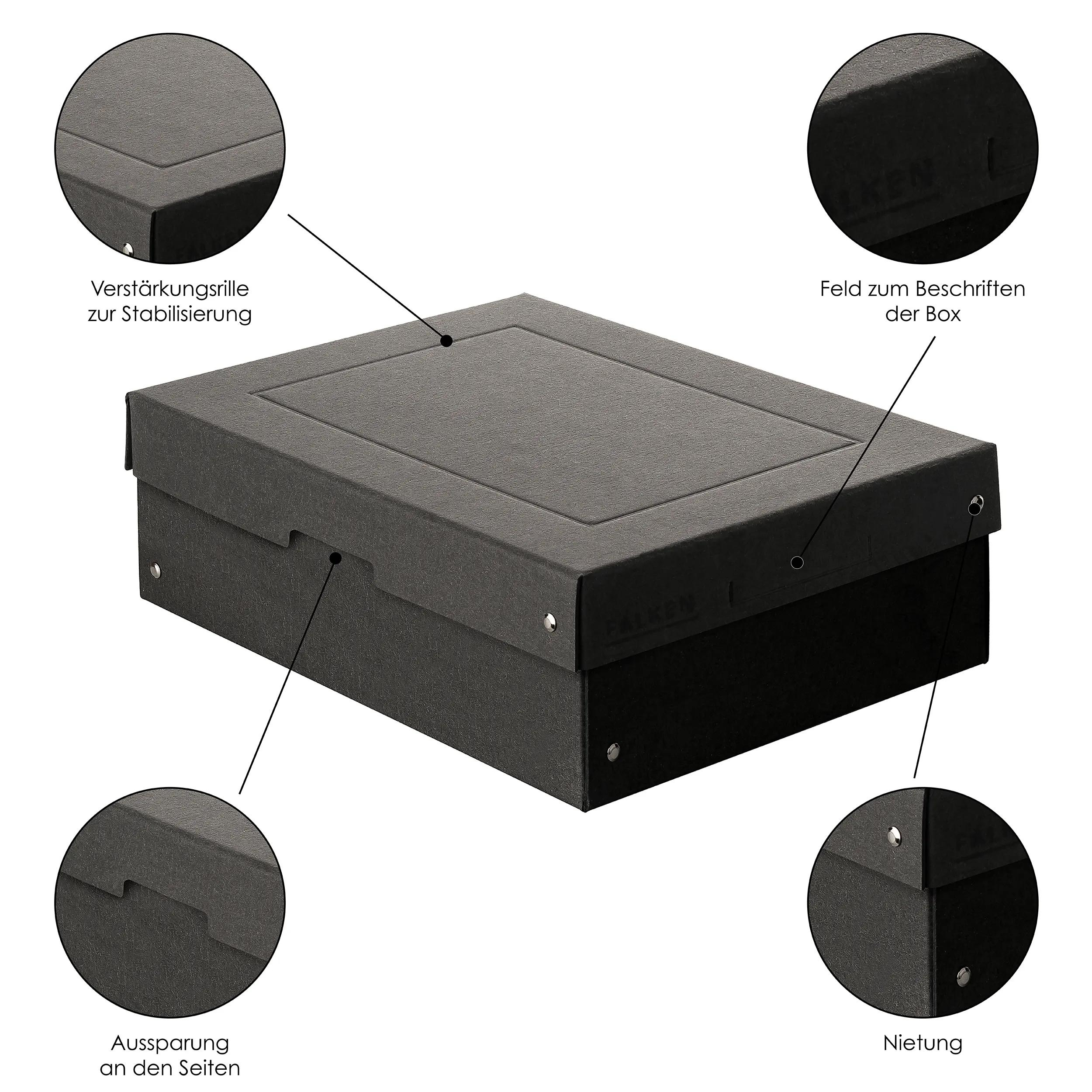 Caja de almacenamiento gris oscuro con tapa, borde reforzado, campo para etiquetas y remaches.