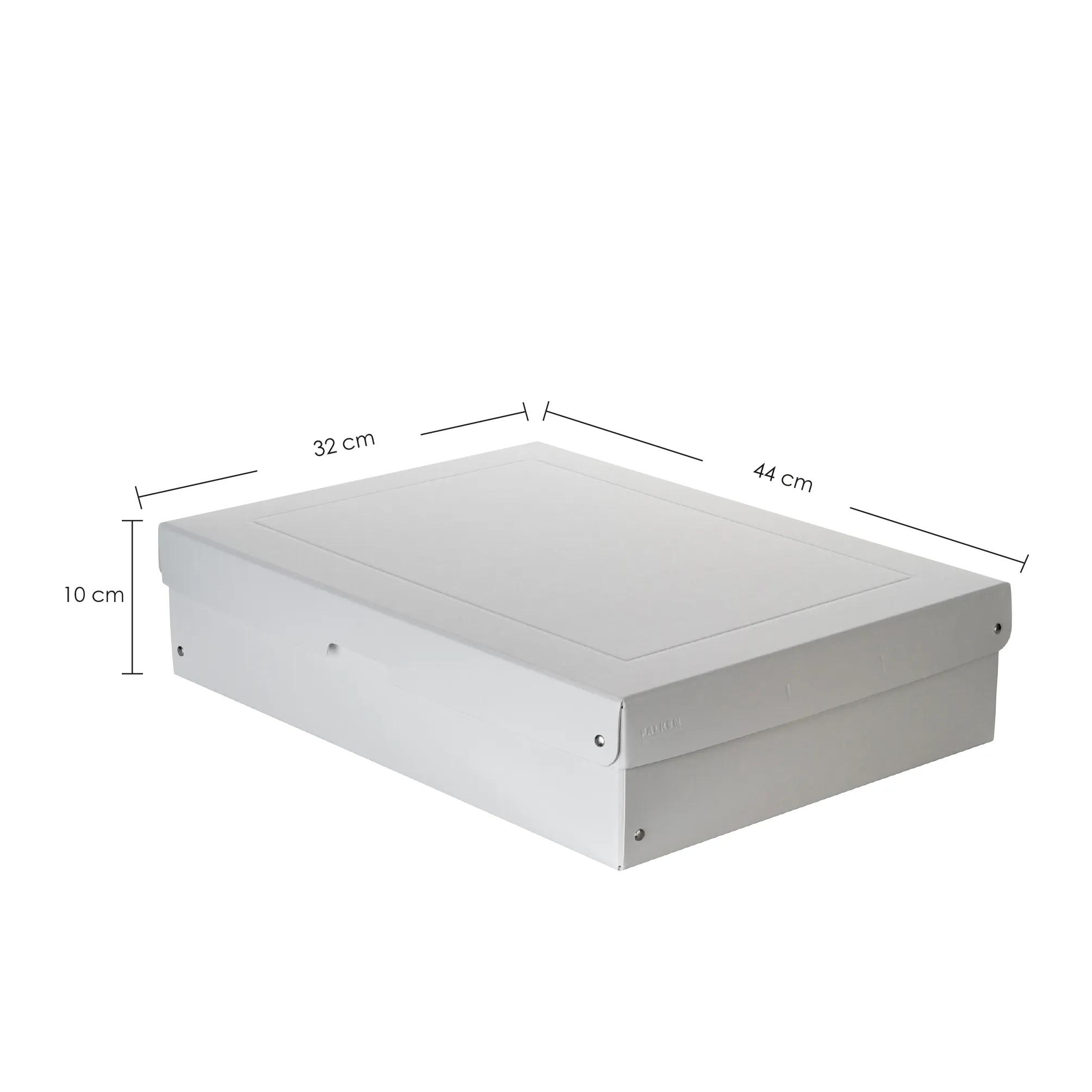 Caja de almacenamiento blanca con dimensiones de 44x32x10 cm, sobre fondo blanco.