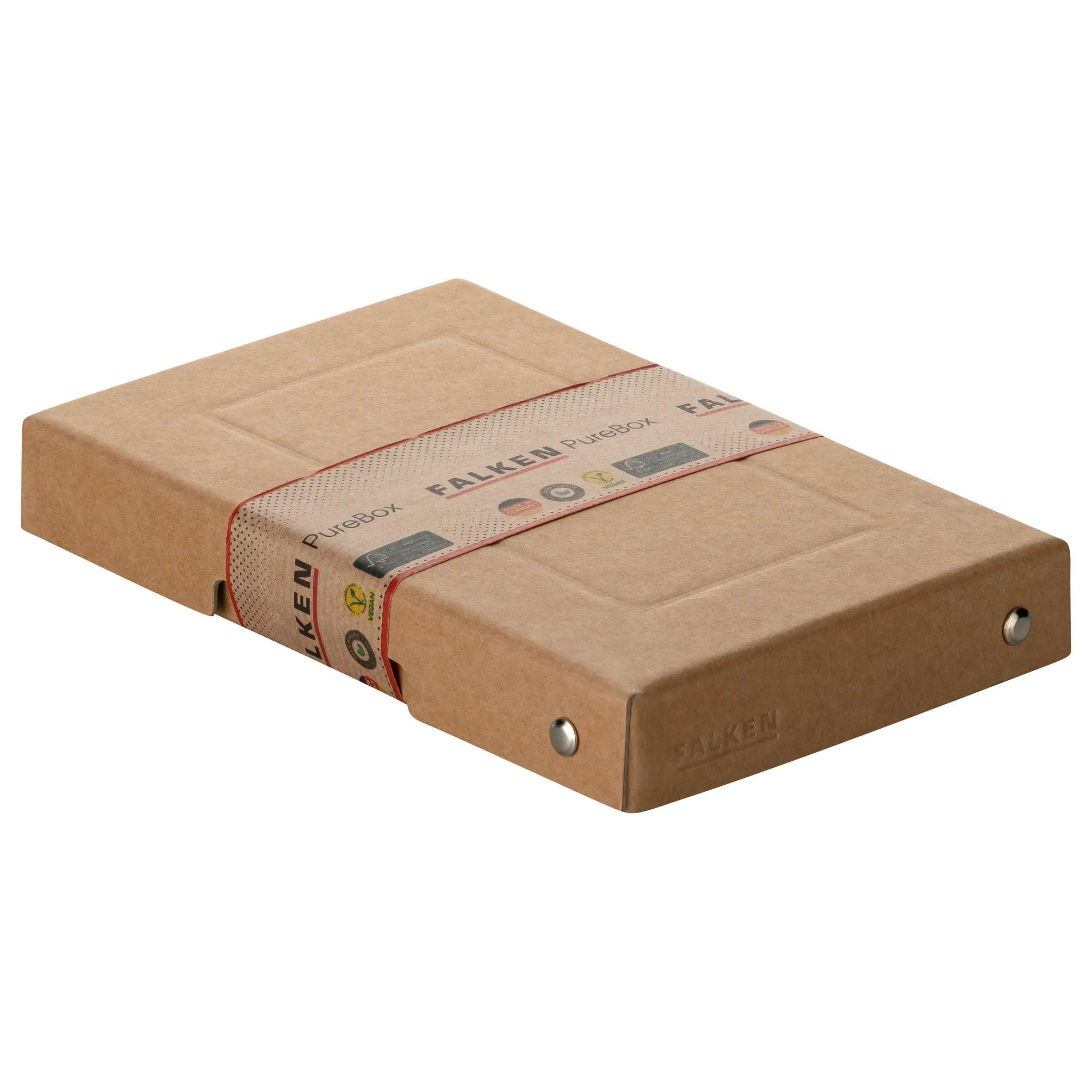 Caja de cartón marrón con banda roja etiquetada FALKEN PureBox.