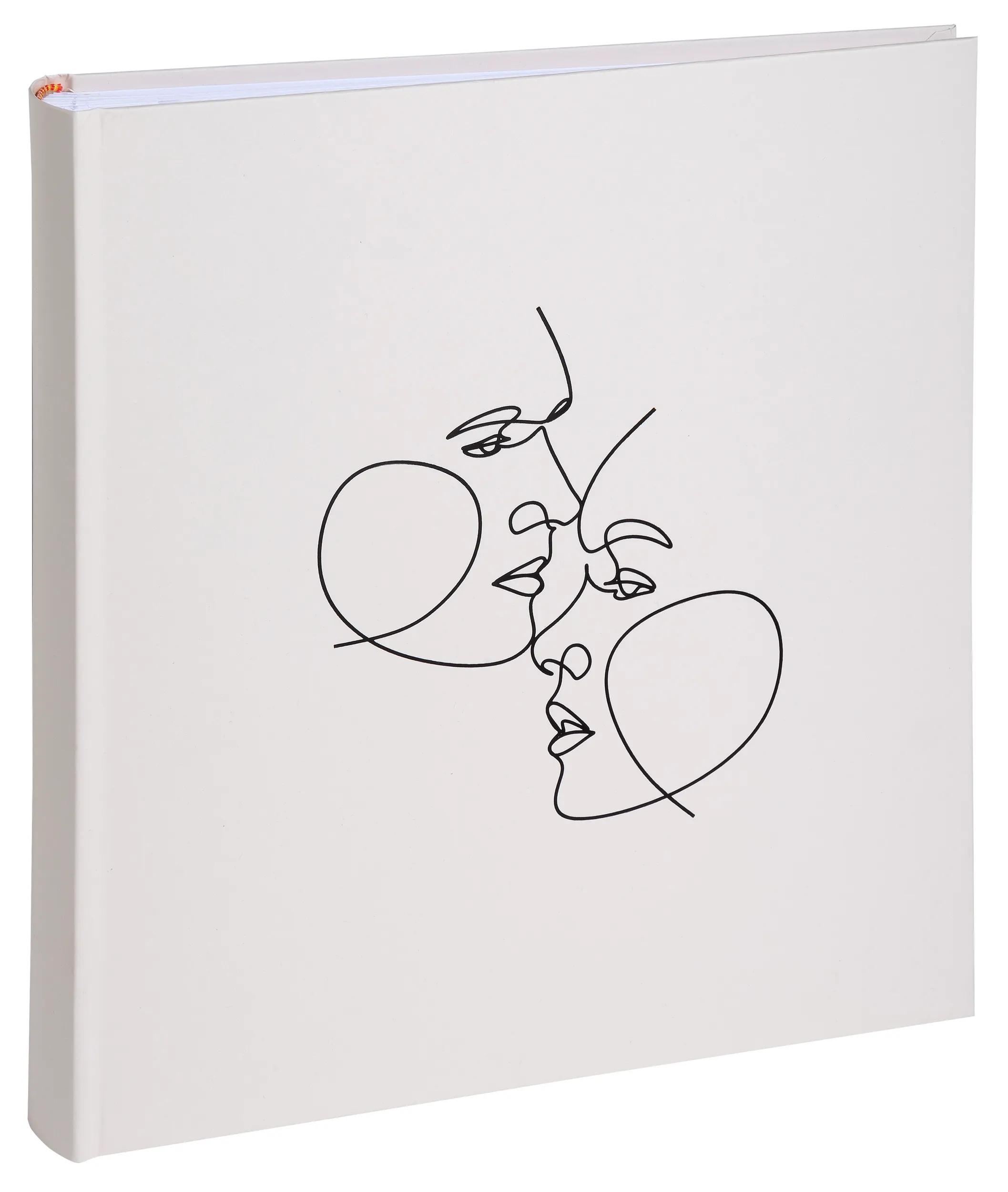 Un álbum blanco con un dibujo lineal negro de dos caras besándose.