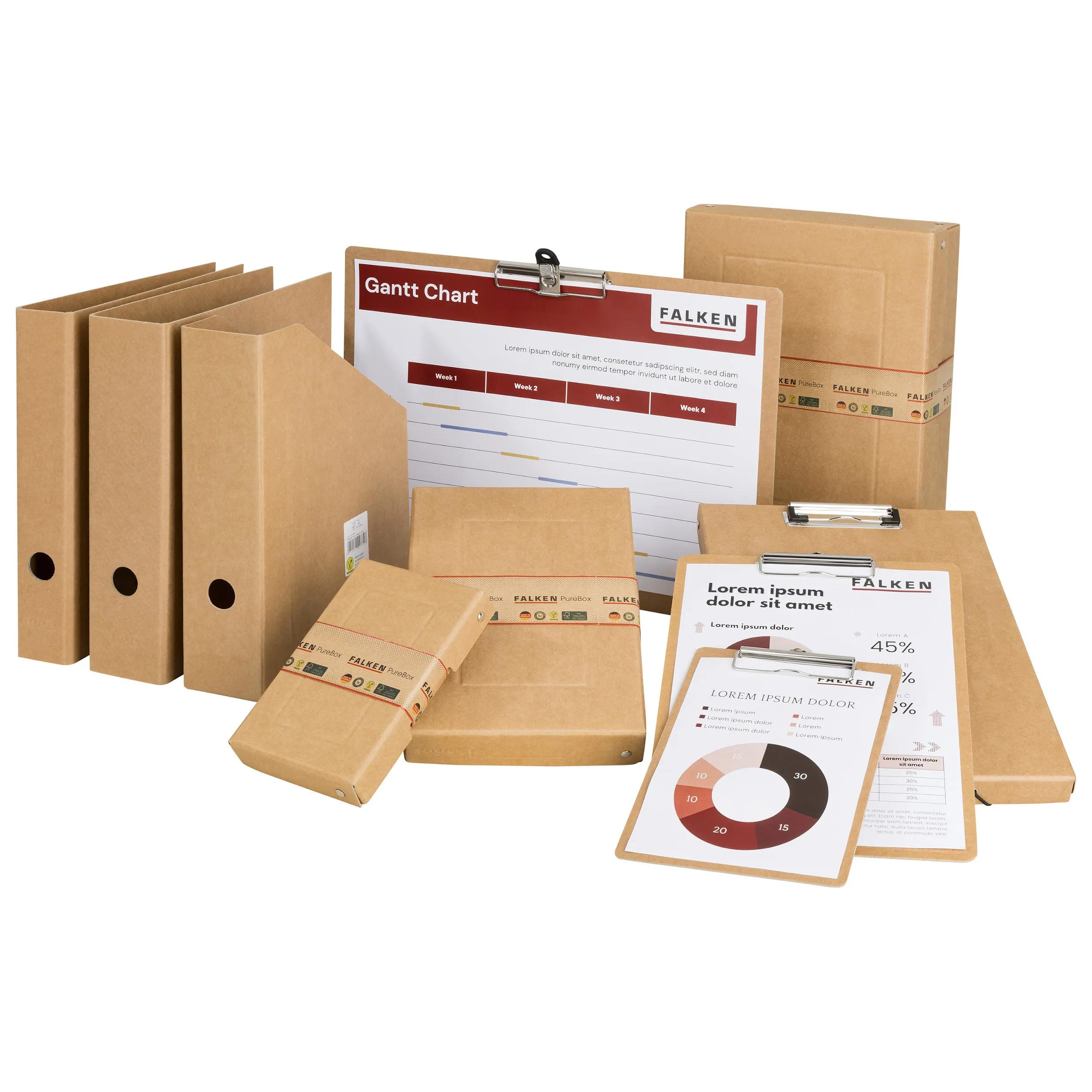 Material de oficina: Carpetas, cajas, portapapeles con gráficos y diagrama de Gantt.