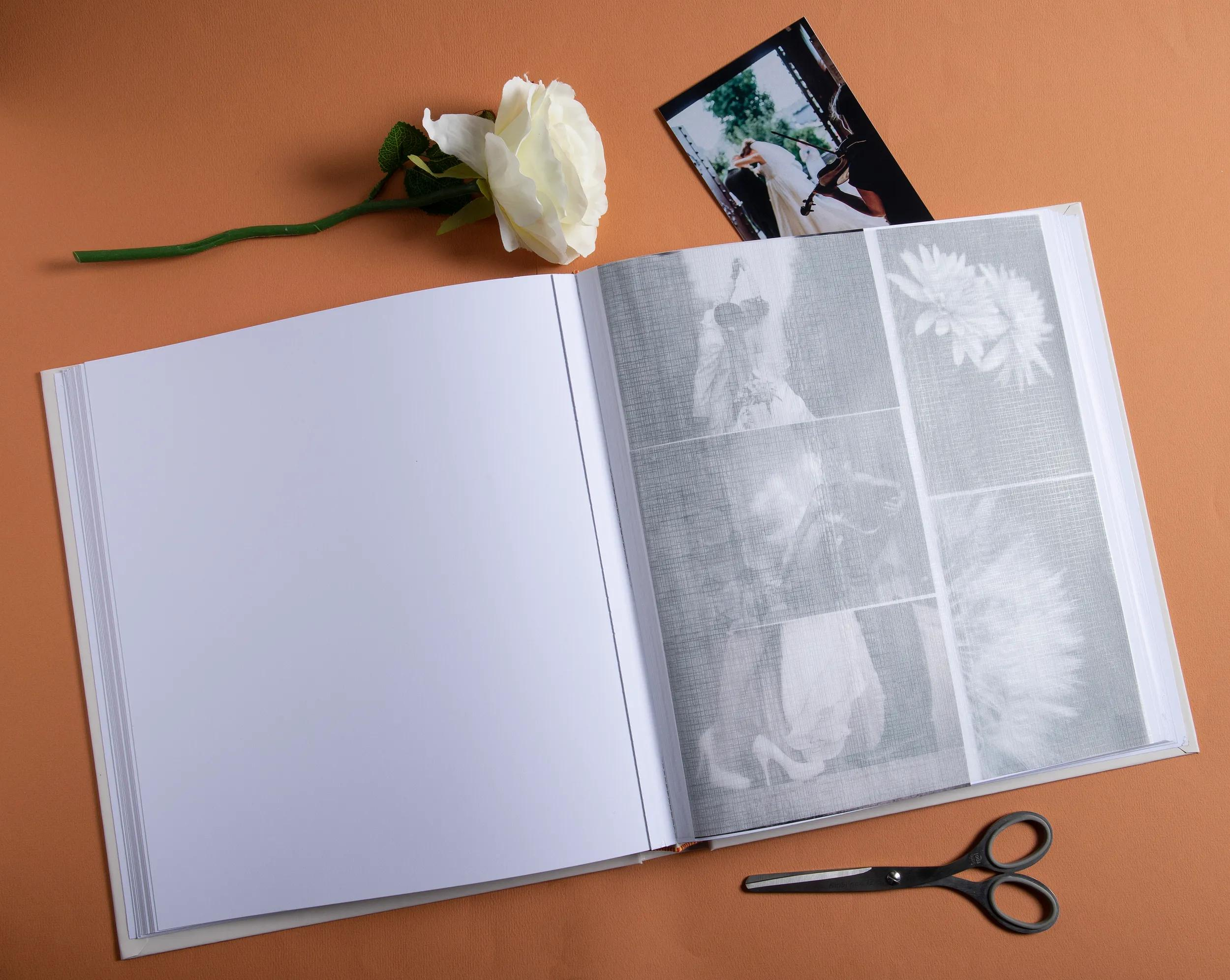 Un álbum abierto con una rosa blanca, una fotografía y tijeras.