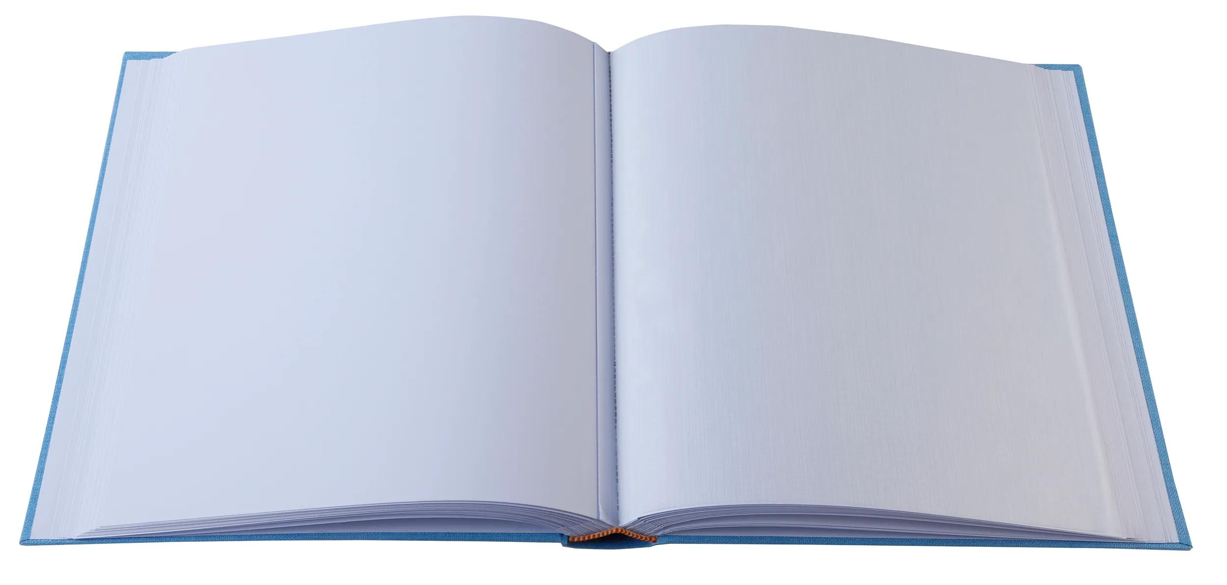 Un cuaderno azul abierto con páginas en blanco.