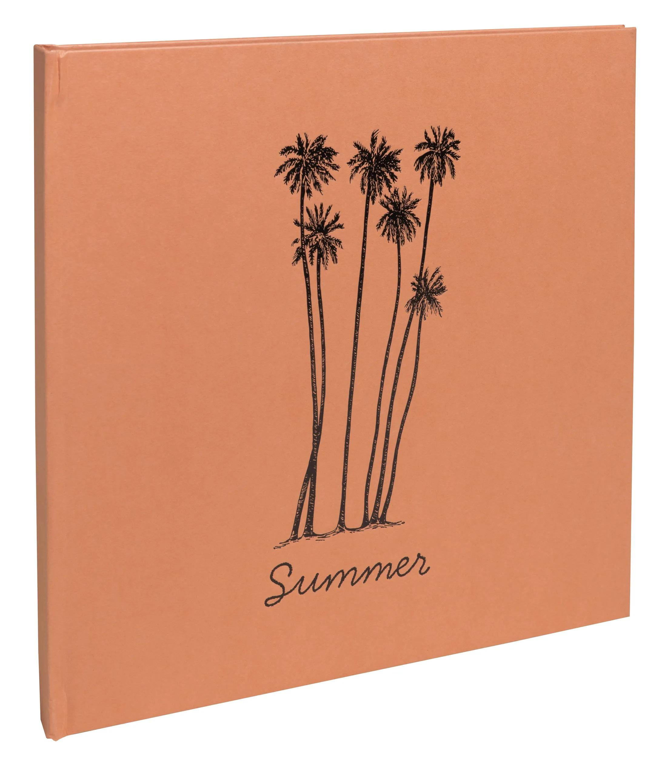 Una cubierta naranja con una impresión negra de palmeras y la palabra "Summer".