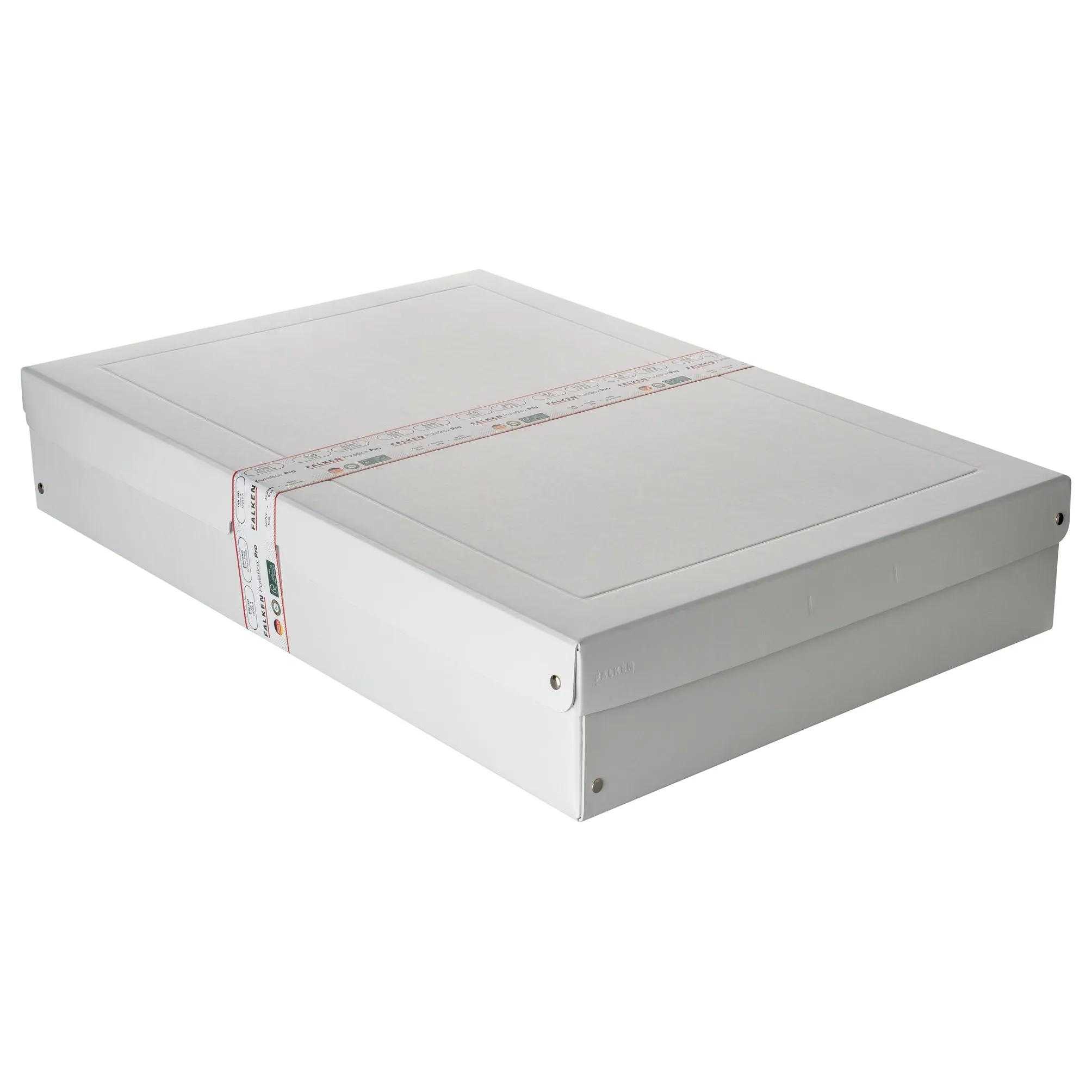 Una caja blanca con cinta roja y azul con el logo "FALKEN".
