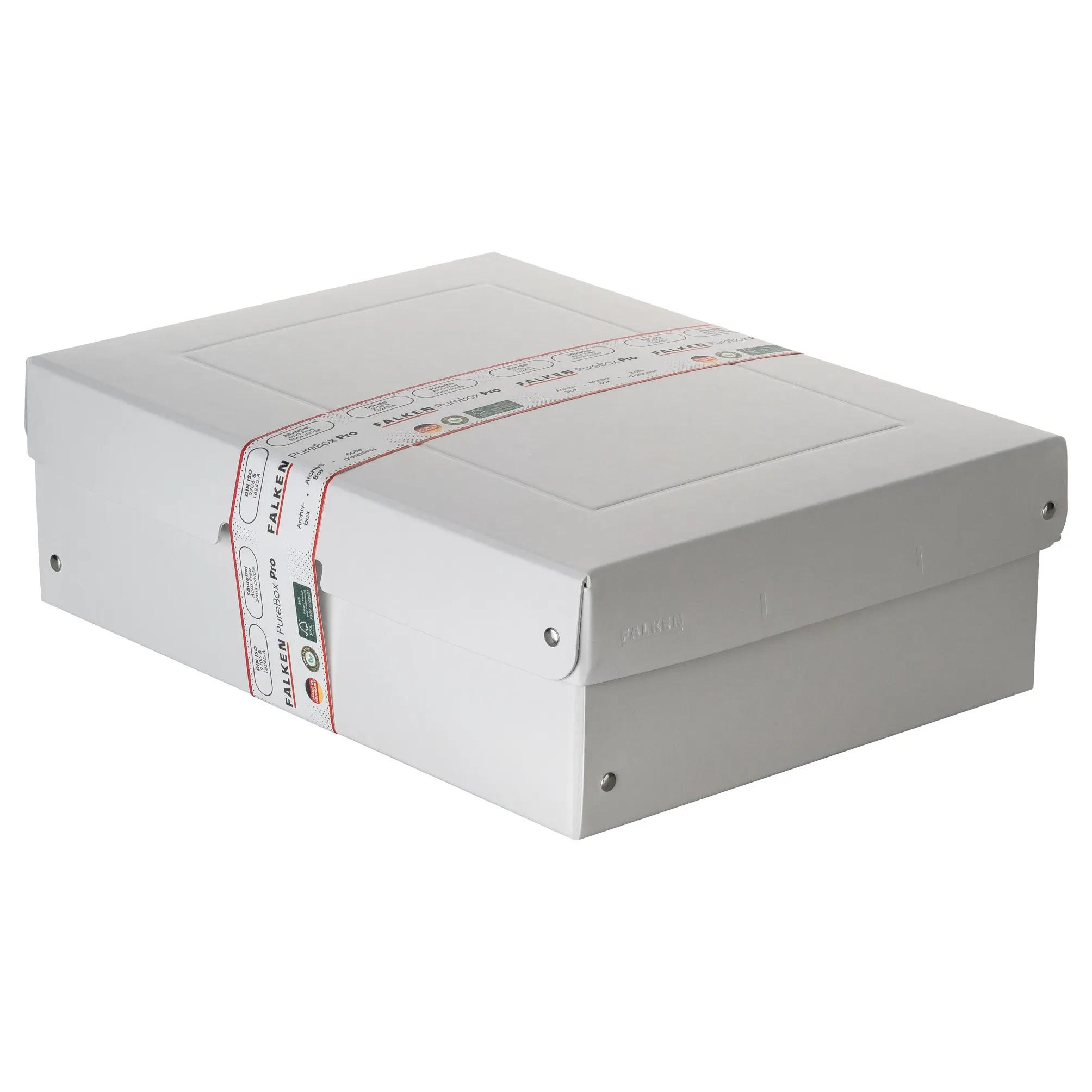 Caja blanca de archivo FALKEN con cinta roja que muestra 