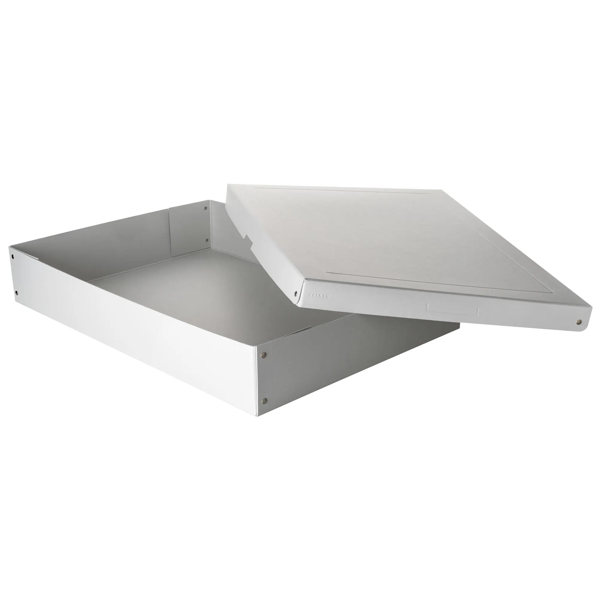 Un contenedor blanco rectangular abierto con su tapa al lado.