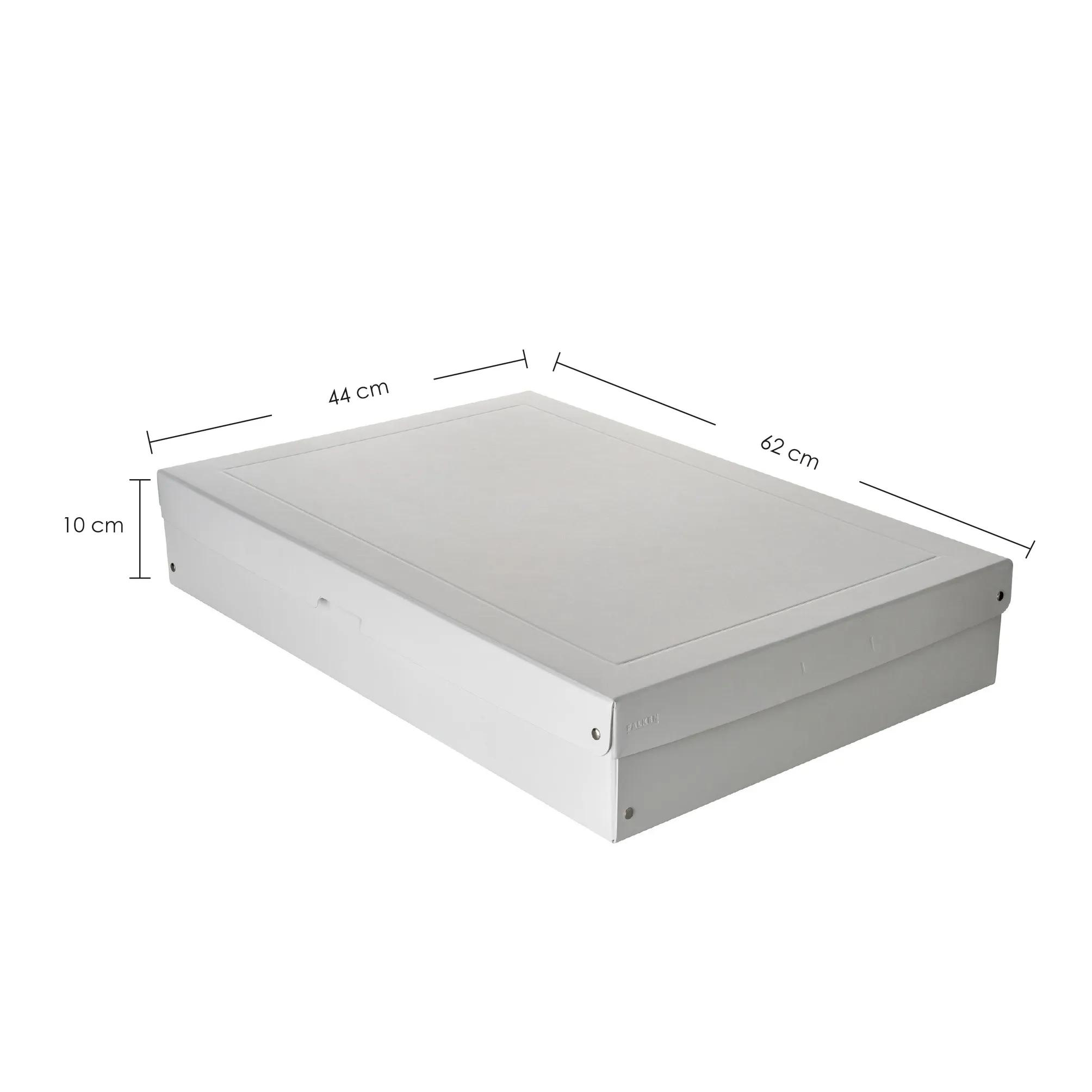 Una caja de almacenamiento blanca que mide 62x44x10 cm.